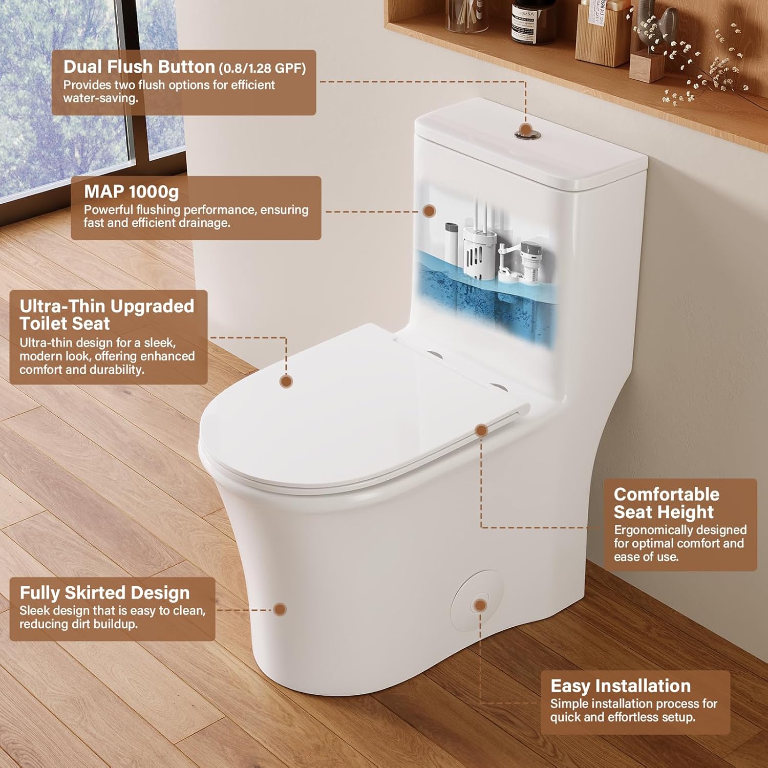 DeerValley One Piece Toilet, Elongated Toilet for Bathroom with 17.24" Comfortable Chair Seat Height, Dual Flush 0.8/1.28 GPF and MAP 1000g,12" Rough-In Modern Toilet Bowl