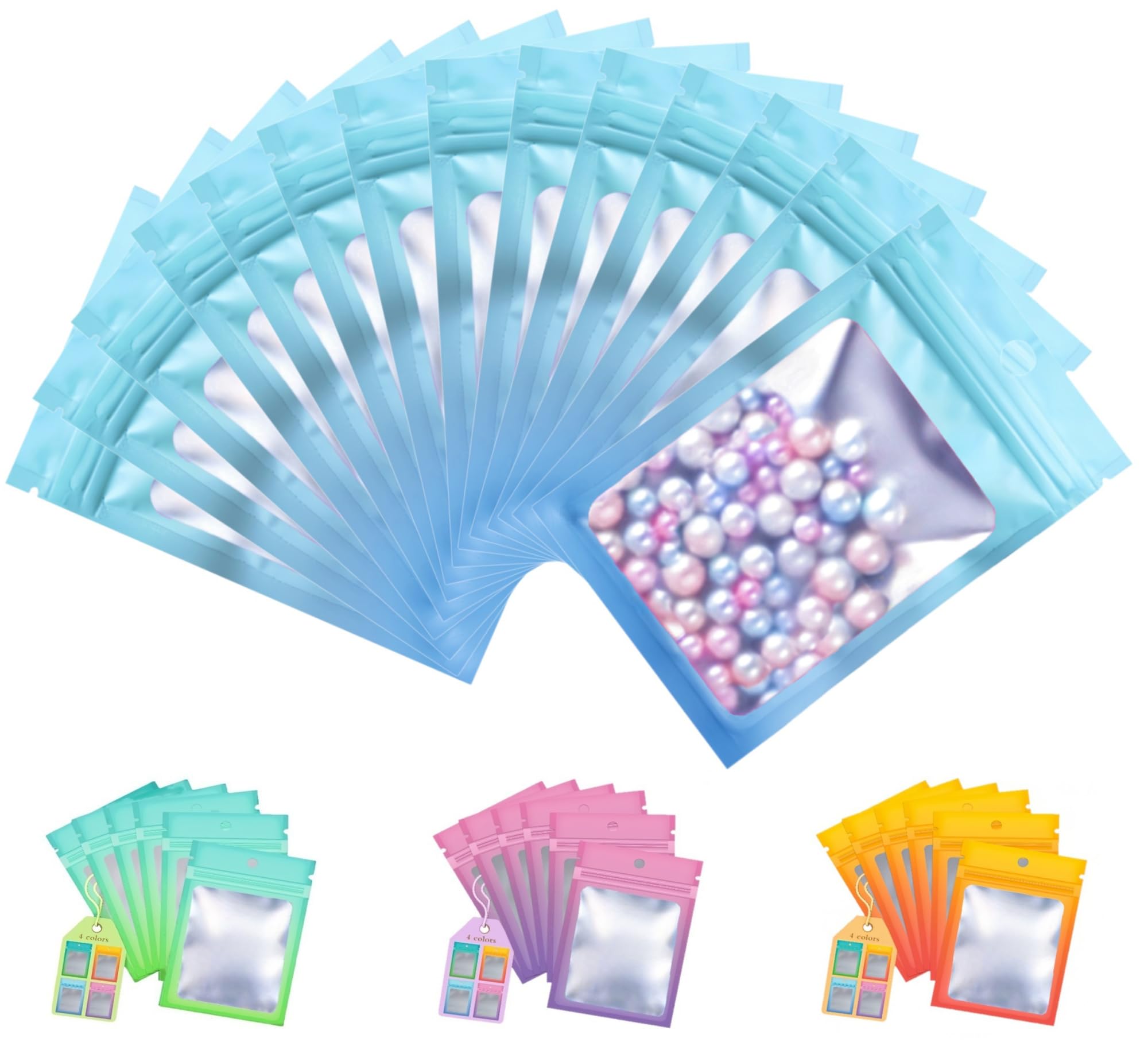 Plaphy 100-Pack Resealable Mylar Bags with Window, Ziplock Sample Bags, Aluminium Foil-Lined Pouches with Hang Hole for Food Storage & Accessories Packaging (Sky Blue and Blue, 3.9 x 5.9 inches)
