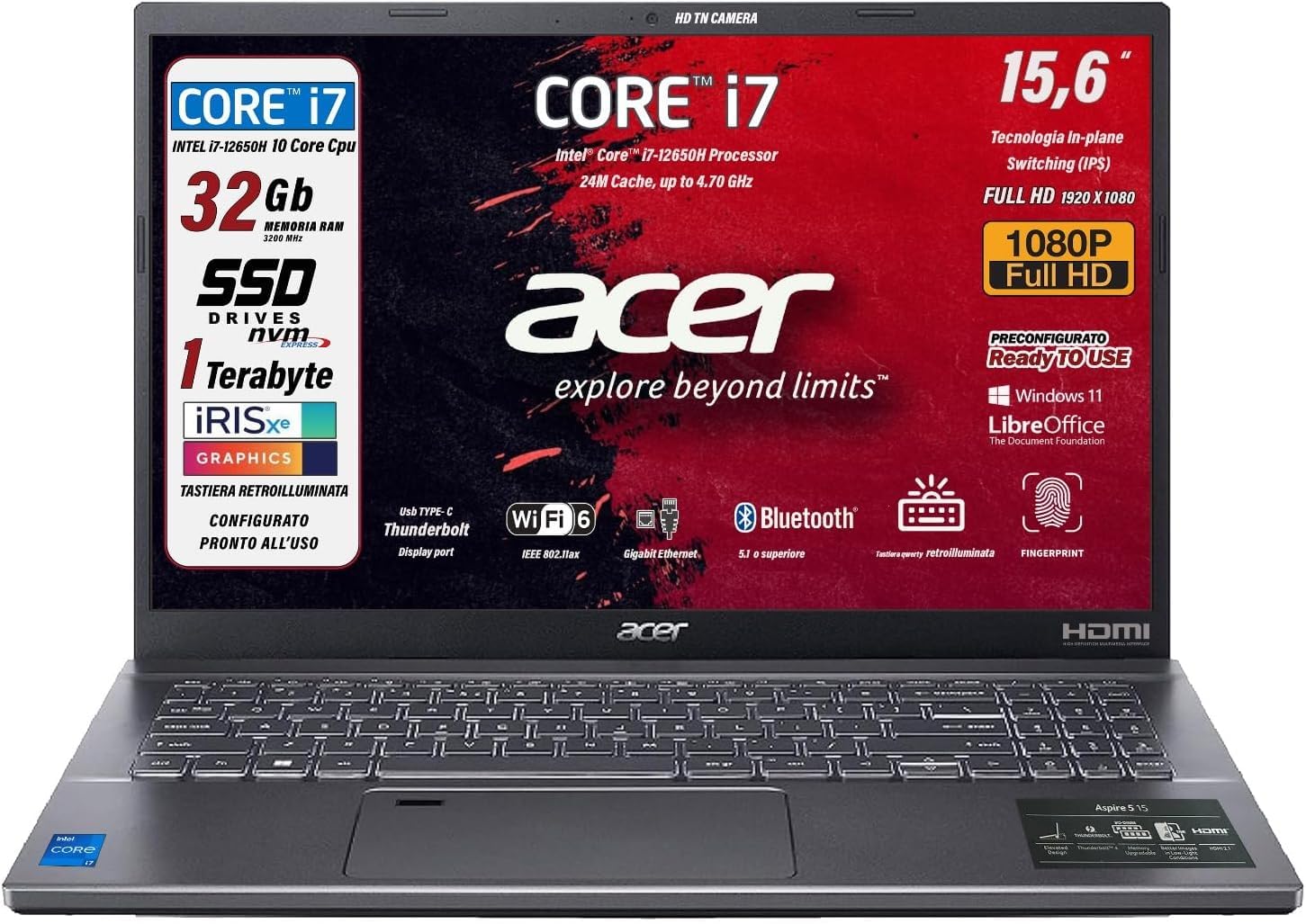 Acer Notebook, Intel Core i7 12650H, 10Core fino a 4.7Ghz, RAM 32 Gb, SSD PCIe NVMe 1TB, 15.6" FullHD, Tastiera Retroilluminata, Fingerprint, Wi-Fi 6, LAN, HDMI, Win 11 - Pronto all'Uso