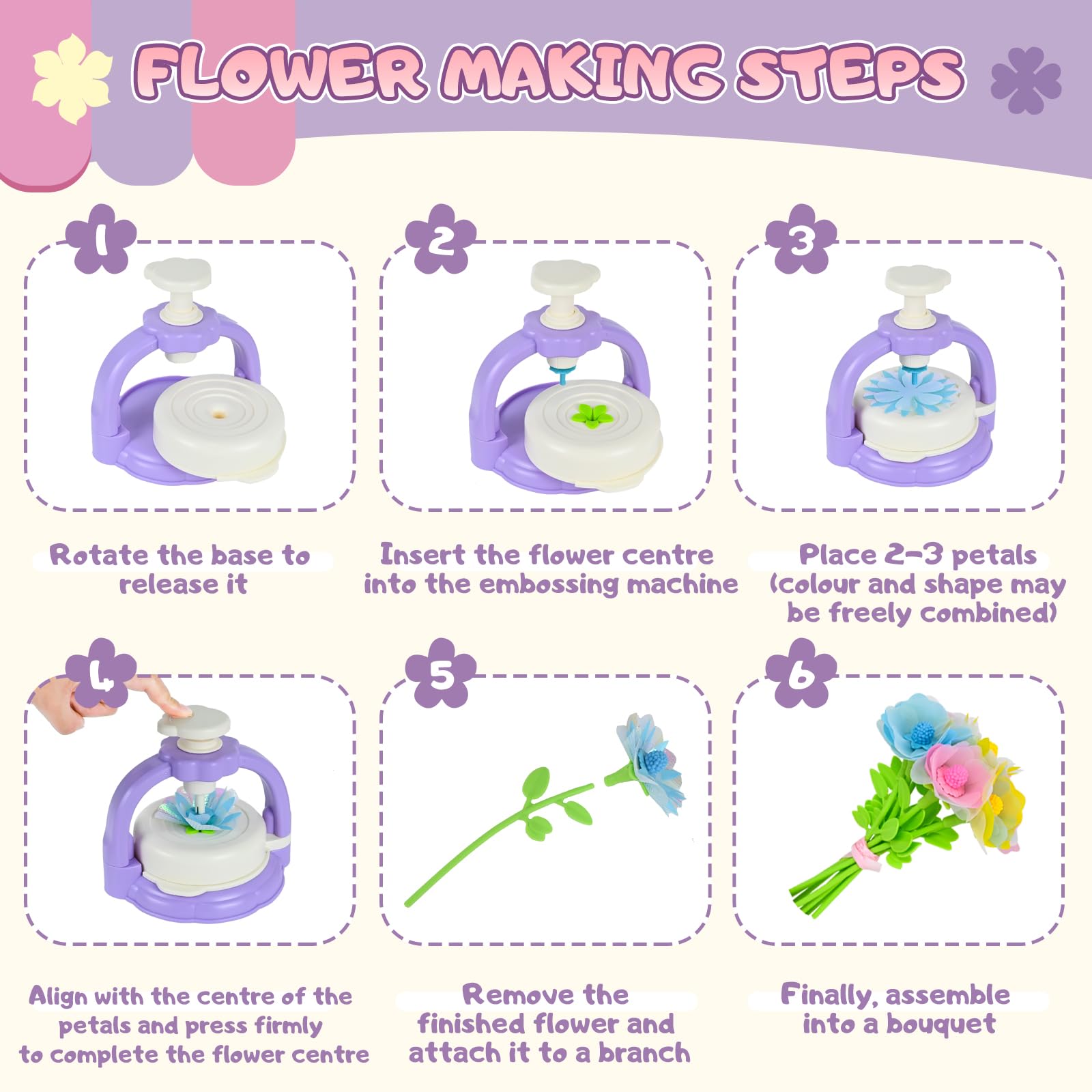 HERMORRYSS Kit di Fiori Creativo per Bambini, Il Laboratorio dei Fiori, DIY Kit Composizione Bouquet, Set Creativo per Mazzi di Fioris con Pressa, Regalo Giocattoli Creativo per Bambina 4+ (Viola)