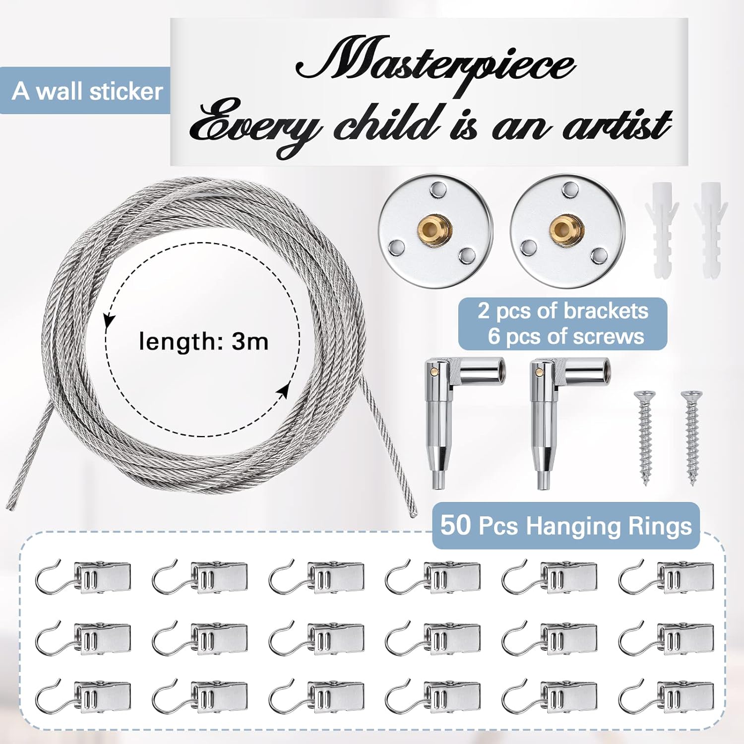 Sratte Art Display for Kids Picture Artwork Steel Wall Hanging Kit with 50 Clips and 10 ft Wire Kids Art Collage Pictures Holder Wall Hanging Decoration for Room Bedroom Playroom Classroom