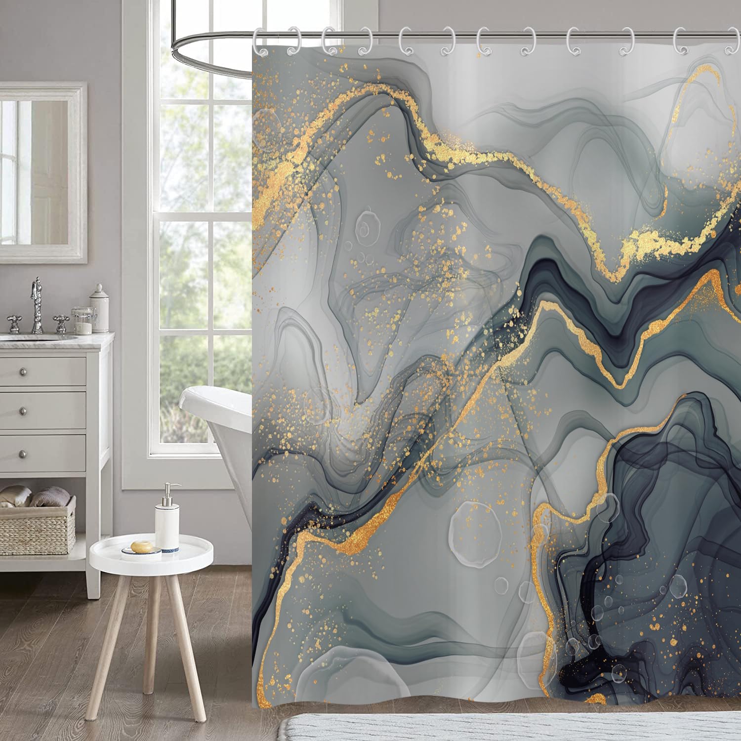Hnmdmyi Marble Shower Curtain 180x180, Grey and Gold Glitter Shower Curtains Abstract Crack Ink Texture Modern Luxury Art Bathroom Curtains Waterproof Fabric Washable Bath Curtains with Hooks — image 1
