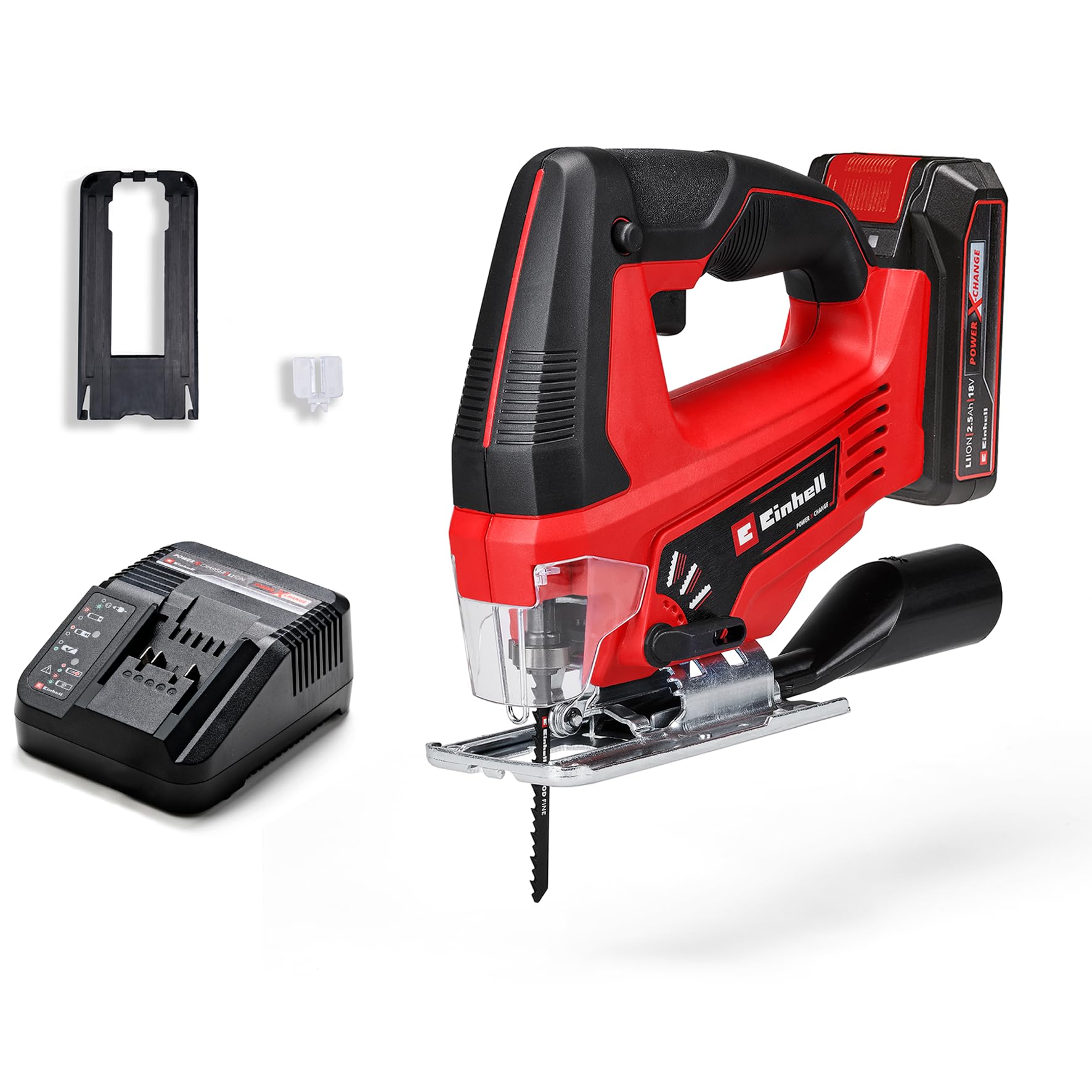 Einhell Wyrzynarka akumulatorowa TC-JS 18/70 Li (1 x 2,5 Ah) Power X-Change (18 V, głębokość cięcia 70 mm, wymiana brzeszczotu bez użycia narzędzi, adapter do odsysania, w zestawie akumulator 2,5 Ah i