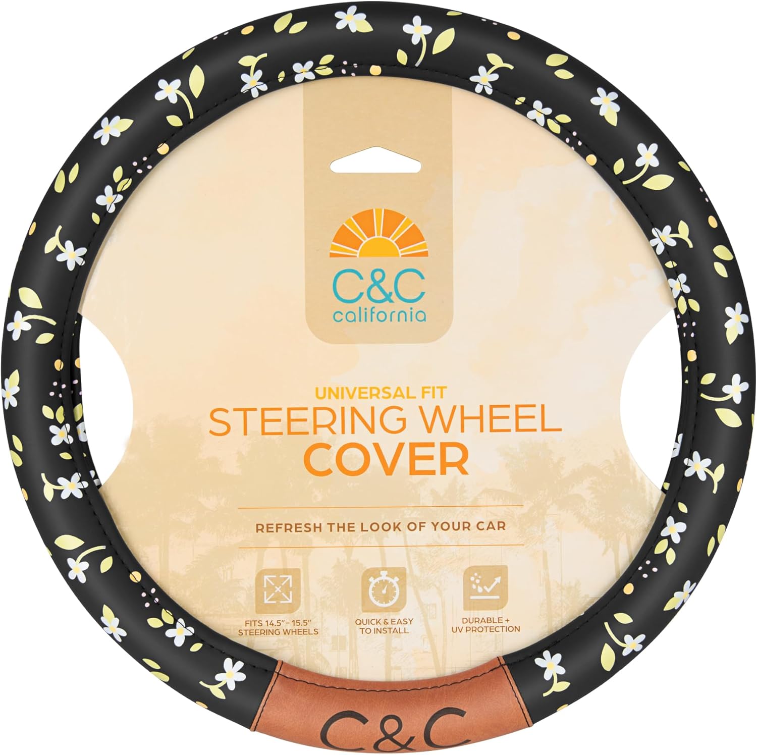 BDK C&C California Car Steering Wheel Cover Floral Daisy Flowers, Non Slip Black Leather Steering Wheel Cover for Women, Cute Comfortable Soft Easy Installation Universal Fit (Fits 14.5"-15.5" Inches)