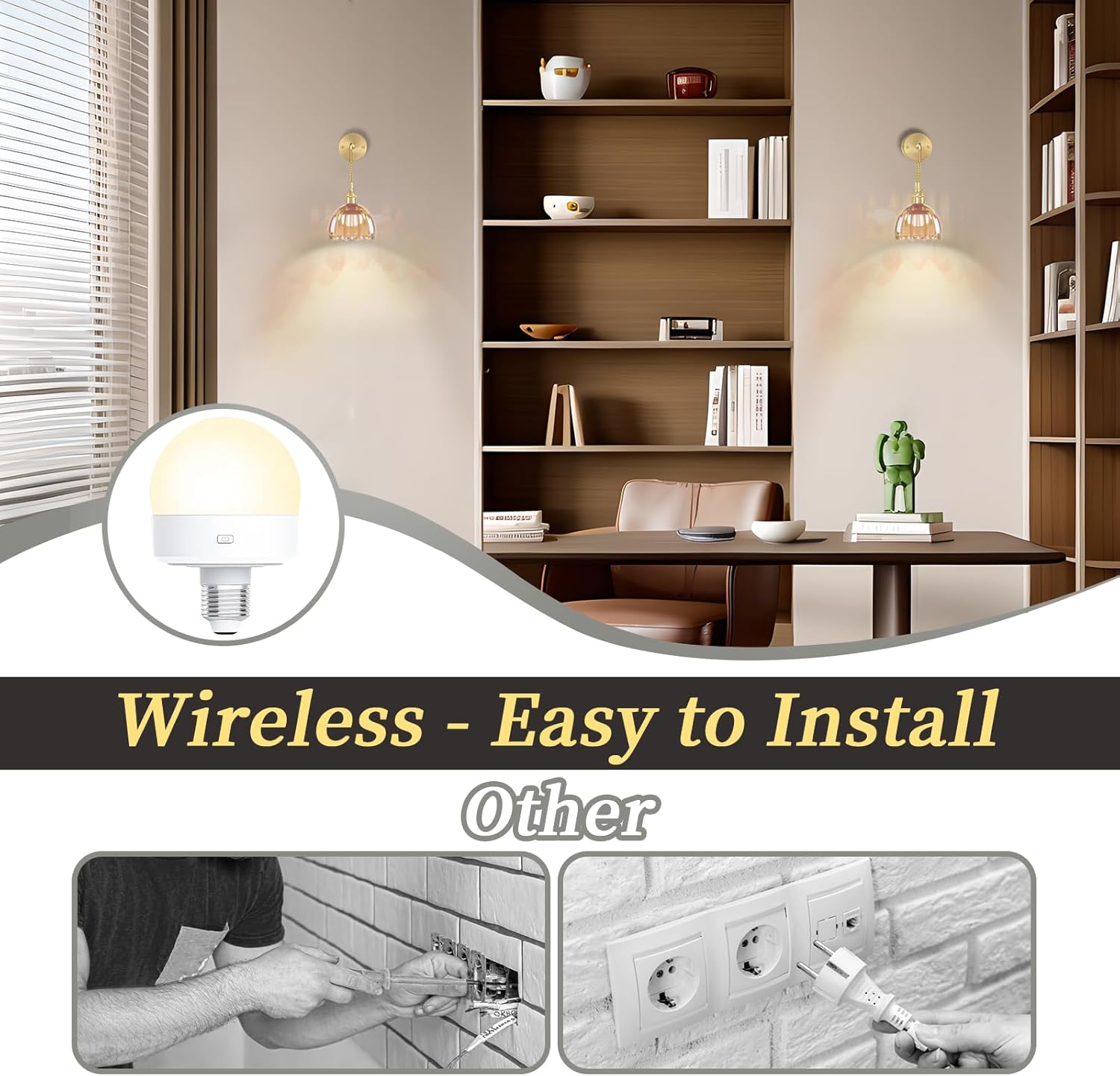 Battery Operated Wall Sconces CCT Dimmable Wireless Sconces Set of 2, Vintage Light Fixture with Amber Tulip Glass Lampshade Wall Decor Set of 2 for Living Room Bedroom Bedside Bathroom