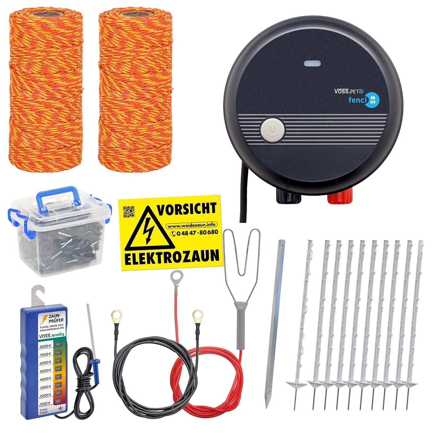Hundezaun Komplettset 200m Elektrozaun, ideal für Einzäunungen in Ihrem Garten, mit umfangreichem Zubehör, anschlussfertig mit 600m orangener Weidezaunlitze und Zaunprüfer, 40 weiße Pfähle 105cm