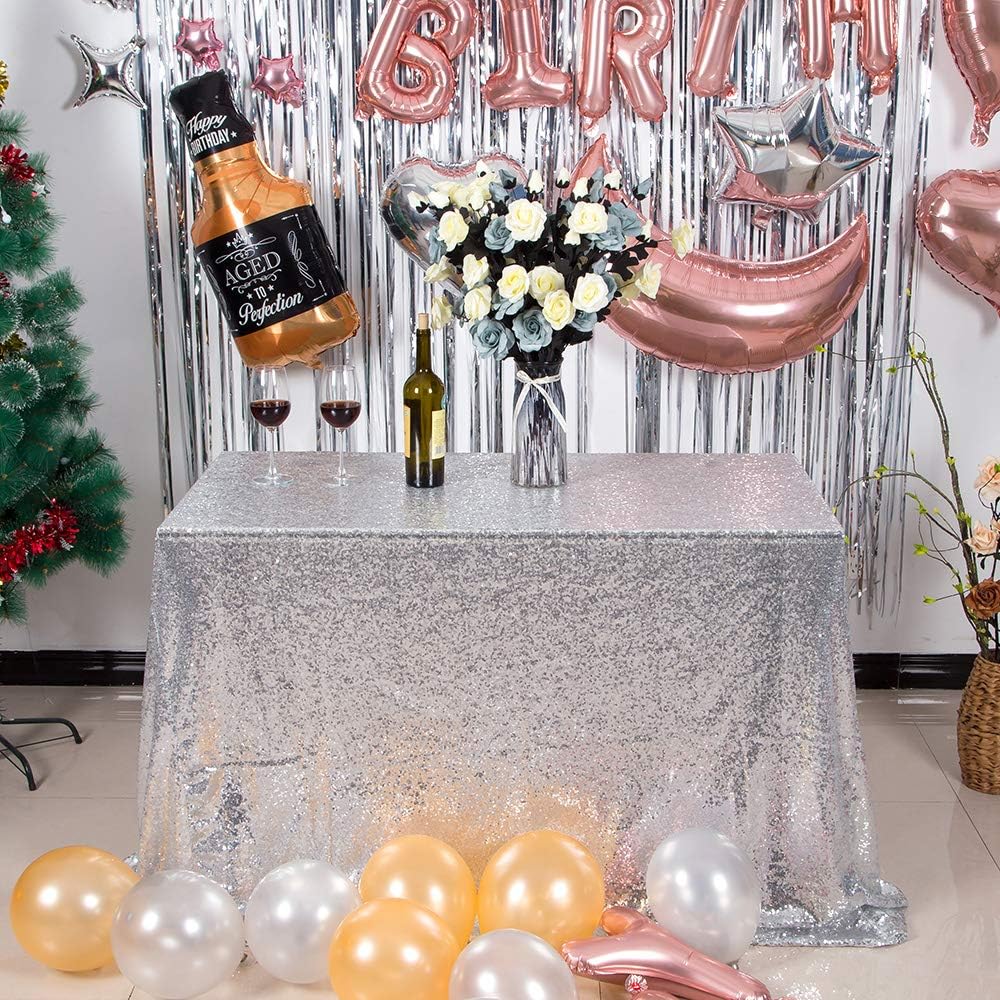 JYFLZQ Silver Sequin Tablecloth 50" x 80" Rectangular Sparkly Drape Table Cloths Table Cover Overlay for Christmas Wedding Birthday Parties Baby Shower