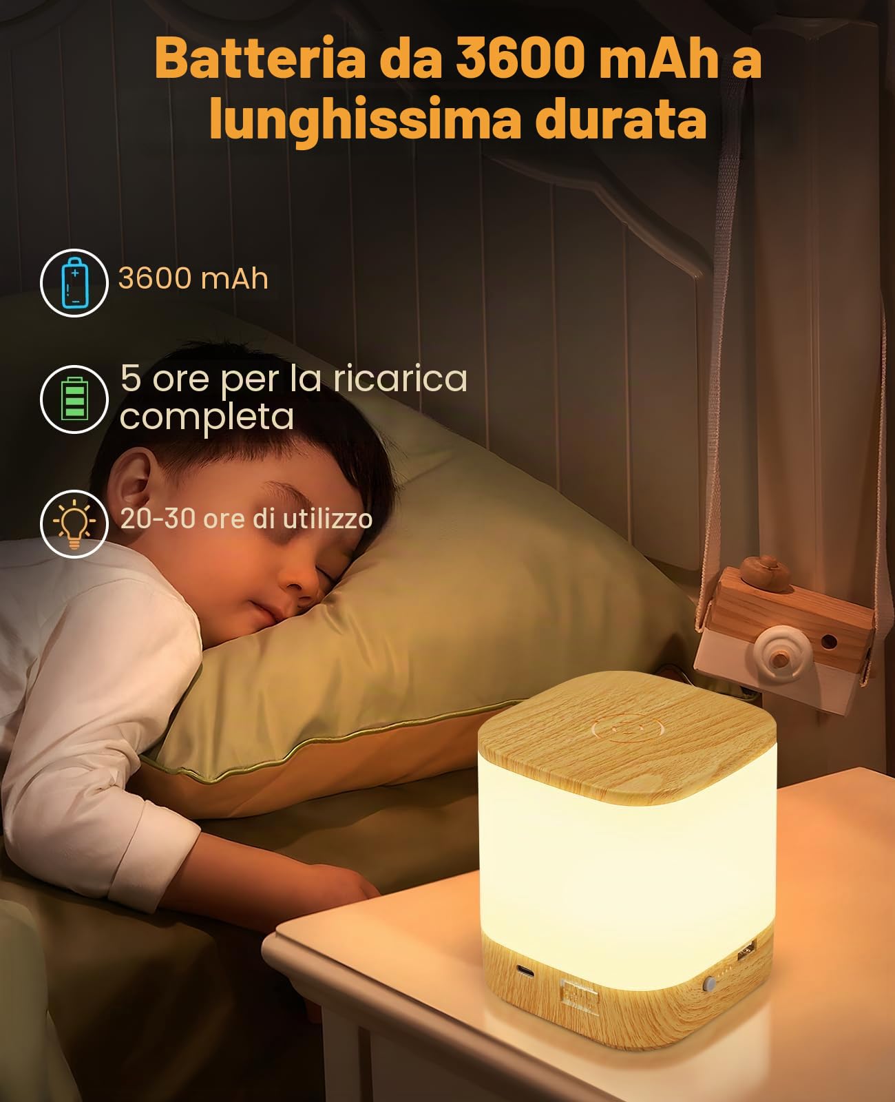 Homefire Lampada da Comodino LED 2ER Touch Dimmerabile: Lampada da Tavolo con Batteria 3600mAH, Ricaricabile USB, Lampada da Comodino Senza Fili con 3 Temperature di Colore e Timer, Luce Notturna per