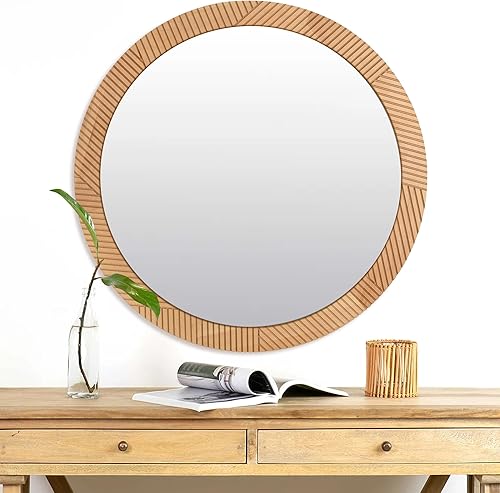 Miniatura 3 de CULER Espejos redondos de pared de 24 pulgadas, espejo decorativo rústico de madera con marco de haya para pared, espejo canalizado de granja para