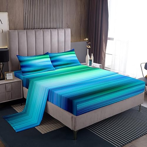 Miniatura 2 de Erosebridal Juego de sábanas de arte abstracto, color verde y azul, degradado, tamaño Queen, diseño de rayas geométricas, para surf y océano, sábana