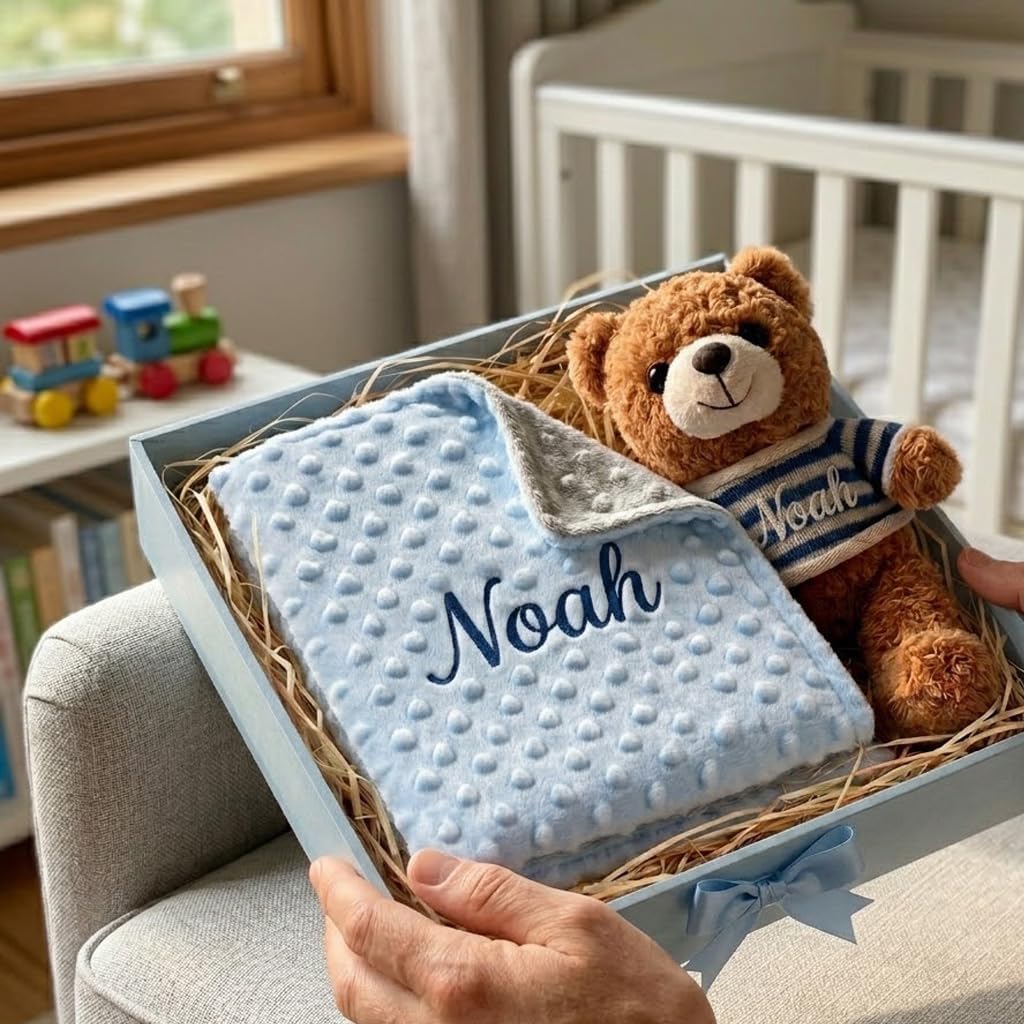 Personalized Baby Blanket with Bear Set, Custom Baby Blanket with Name, Custom Blankets & Teddy Bear Gift Set for Toddlers Boys Girls, Flannel Dot Swaddle for Birthday