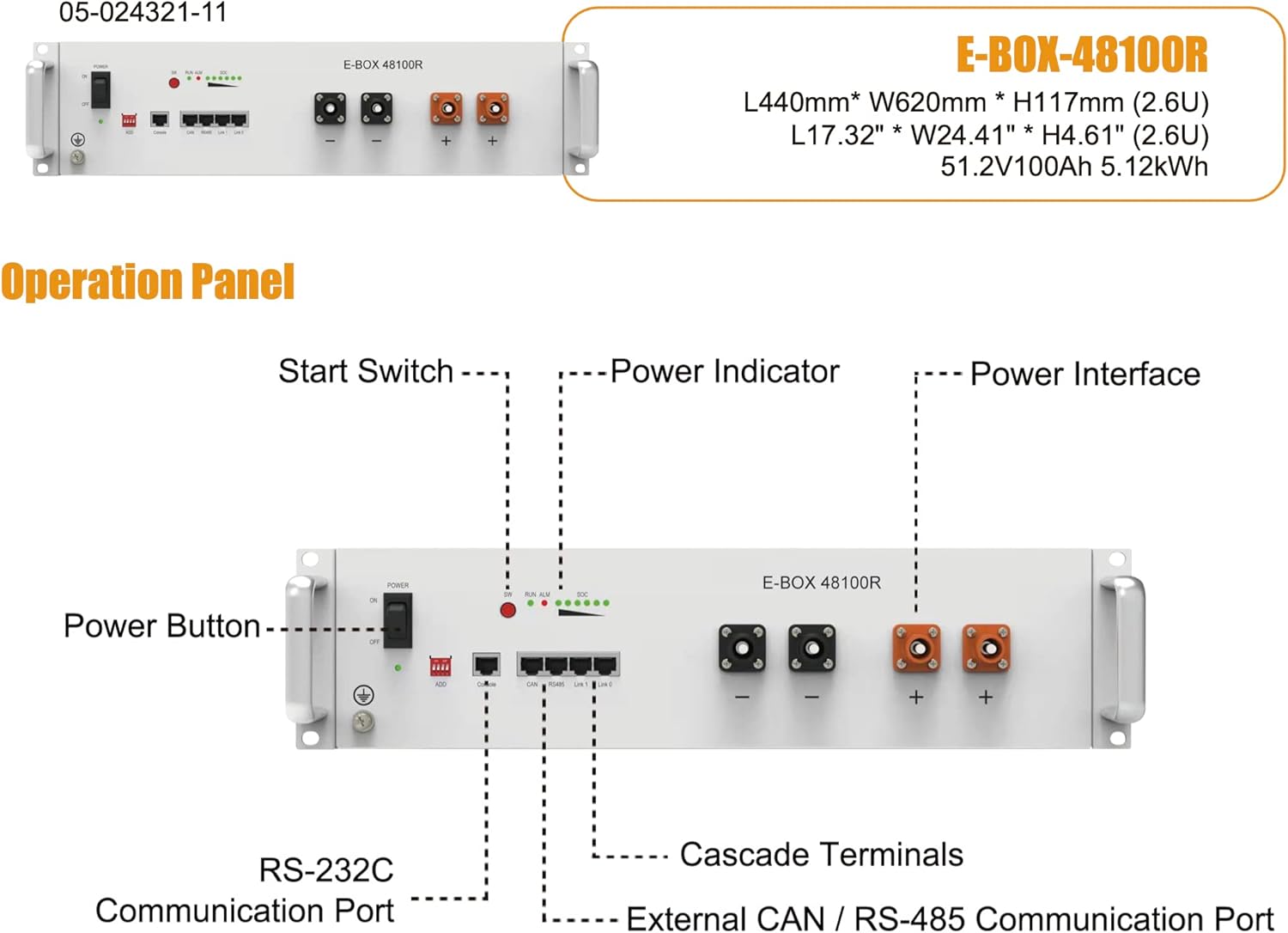 Table of technical specifications for the E-BOX-48100R battery, including chemistry, voltage, capacity, dimensions, weight, and operating conditions.
