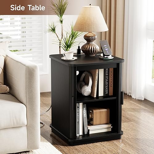 Miniatura 7 de ONBRILL Mesa auxiliar cuadrada con estación de almacenamiento y carga, mesa auxiliar acanalada con puerta corredera y pedestal resistente, mesita de