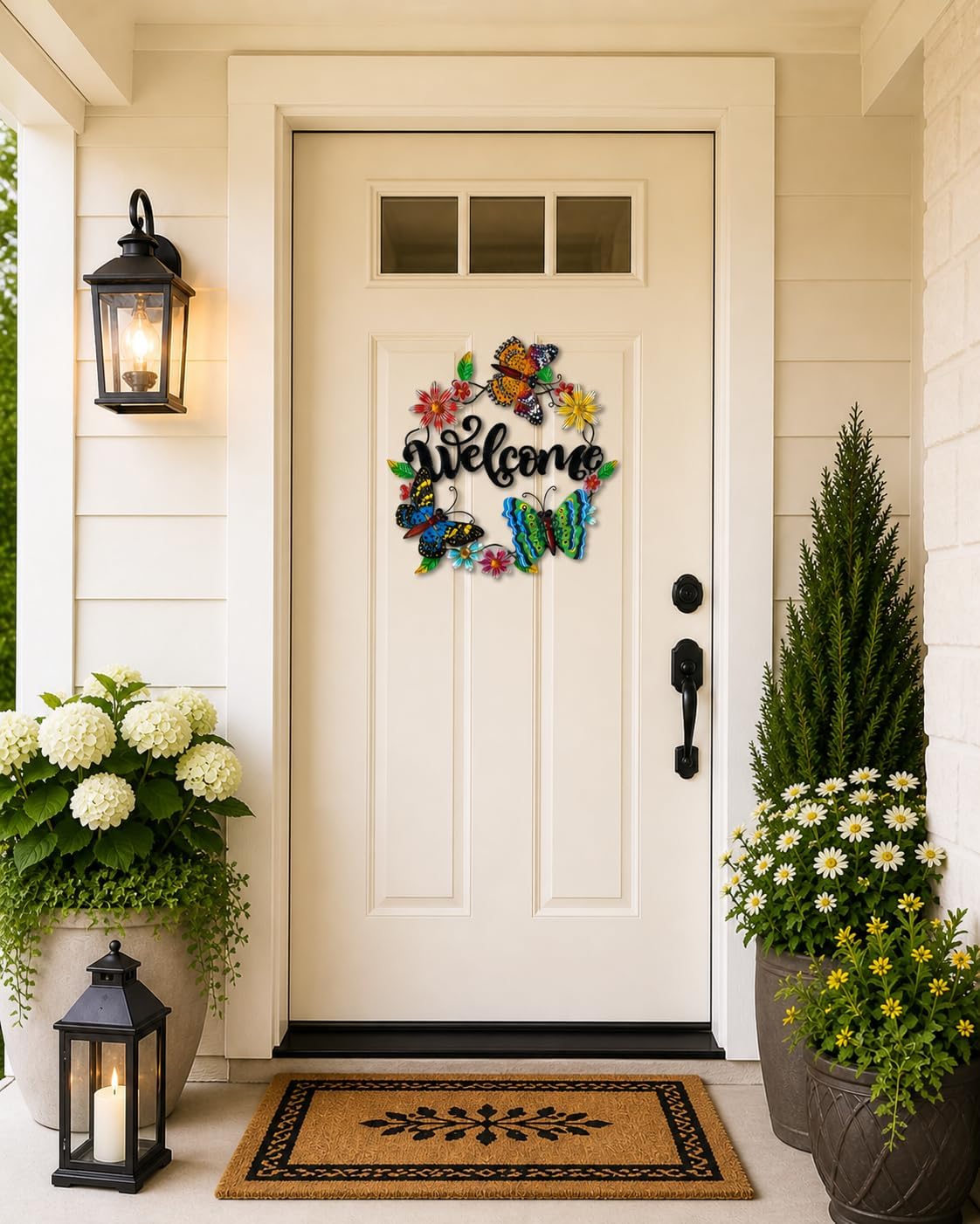 Welcome Butterfly 3D Metal Sign Wreath Large Wall Door Garden Indoor Outdoor Decor (20" D)