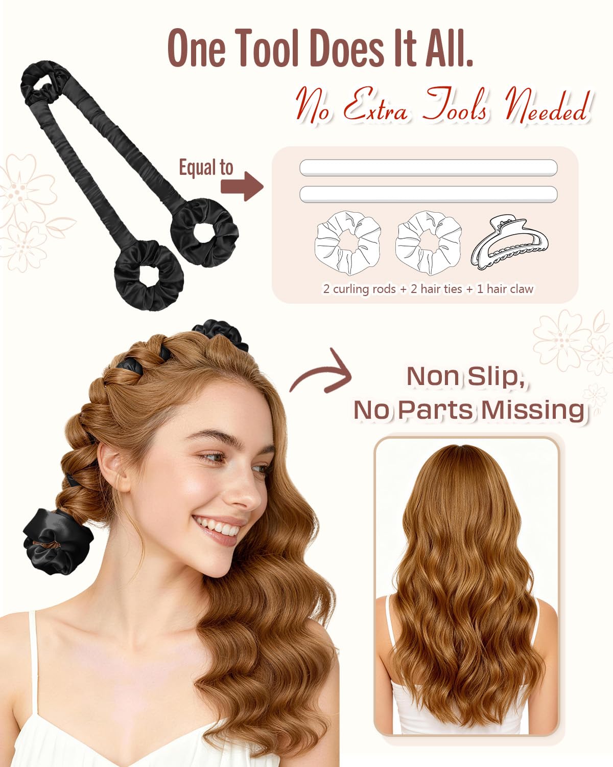 BONNET QUEEN Polifunzionale Bigodini Morbidi per Dormire, Arricciacapelli Senza Calore per la Notte, Satin Bigodino Lungo per Boccoli, Heatless Curls Hair Curler con 3 Scrunchies, Nero