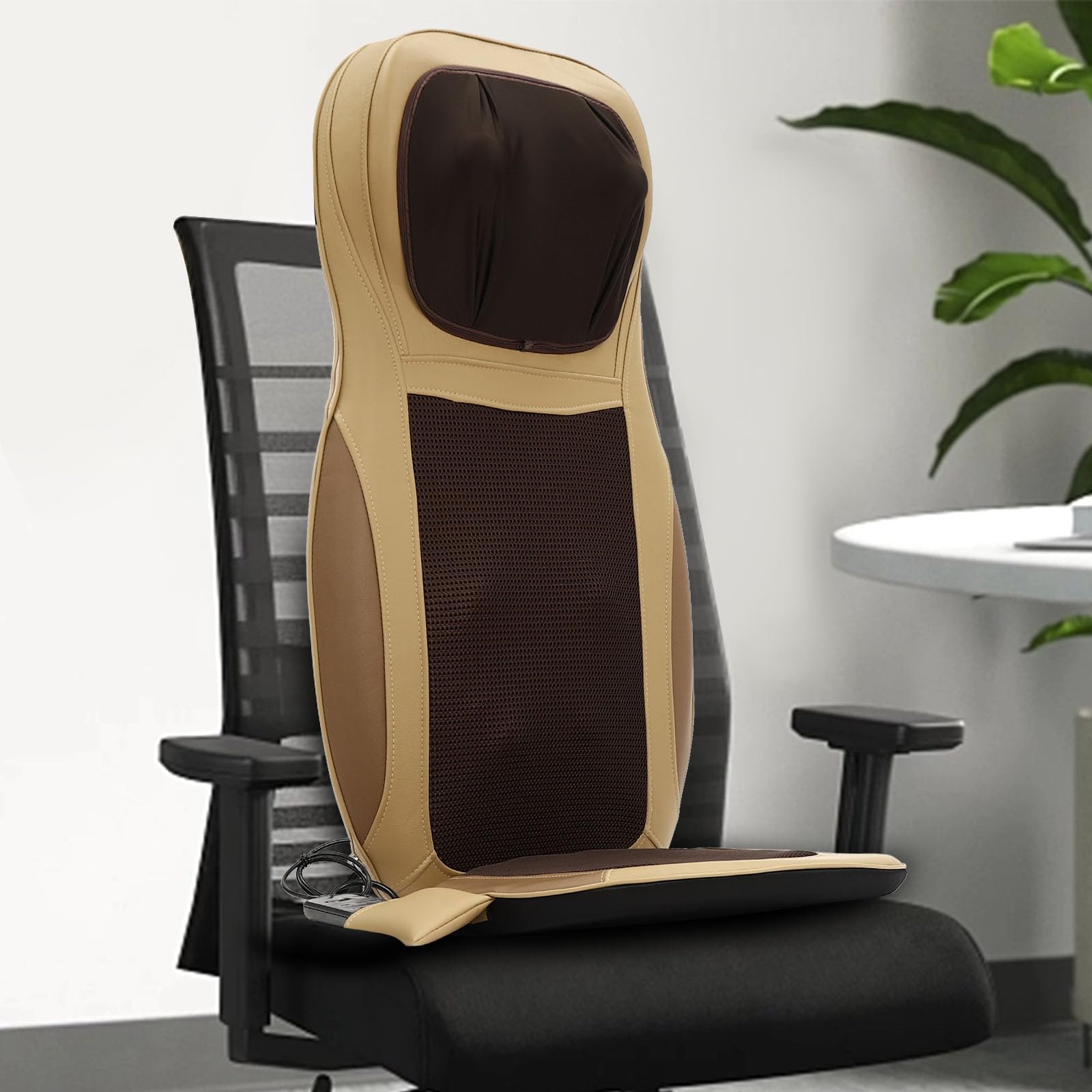 Tiefenmassage Rollmassage 1.5-1.9m Massages-Kissen 48W Massages-Stuhl-Pad mit 8 Rotations-Köpfen 3 Modi 3 Intensitäten Zonen-Steuerung, Sitz-Kissen für Auto & Büro Ganzkörper-Relax, Beige