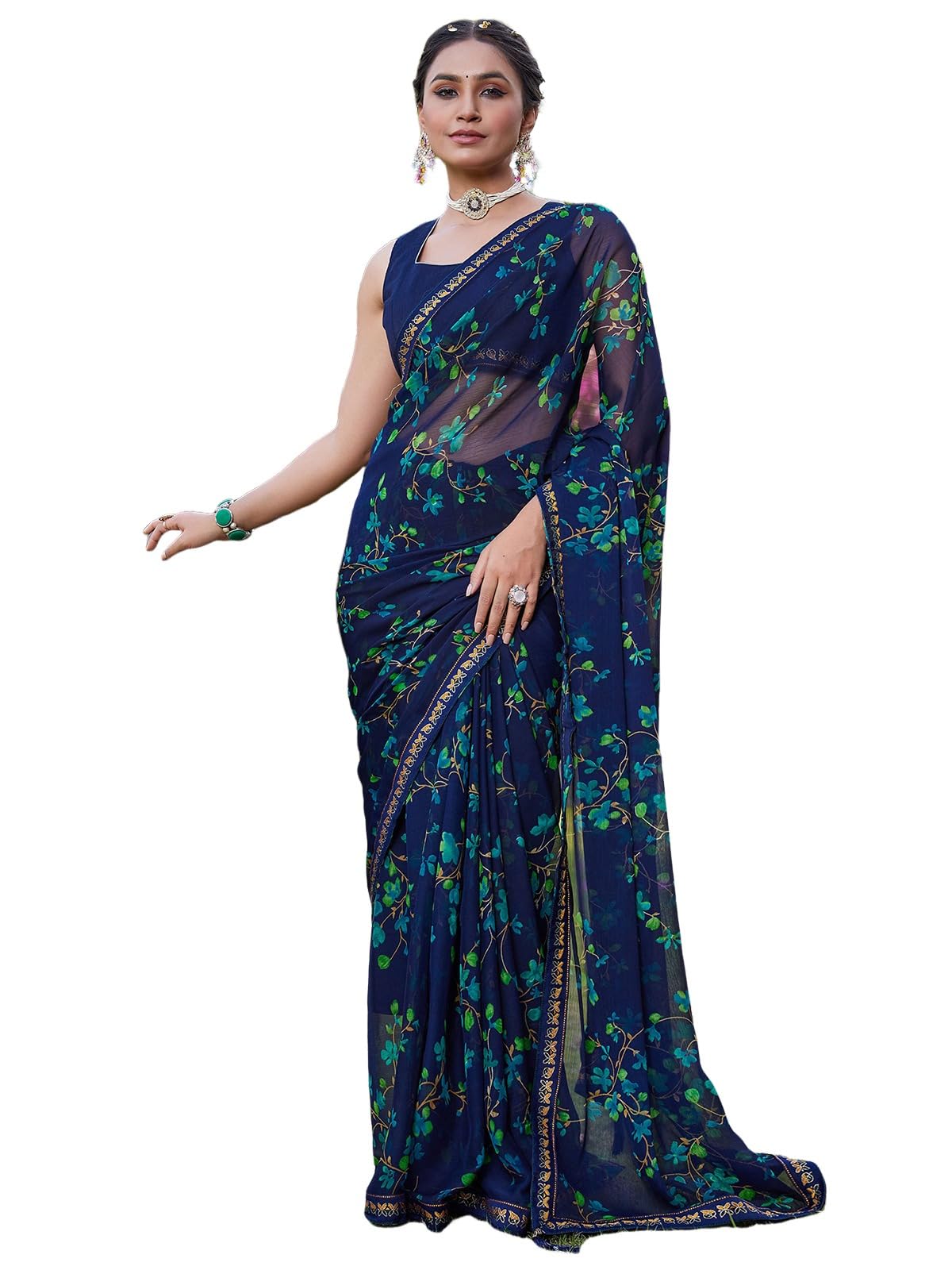 samah Women's Chiffon Printed Lace Work Saree with Unstitched Blouse Piece-picture-33