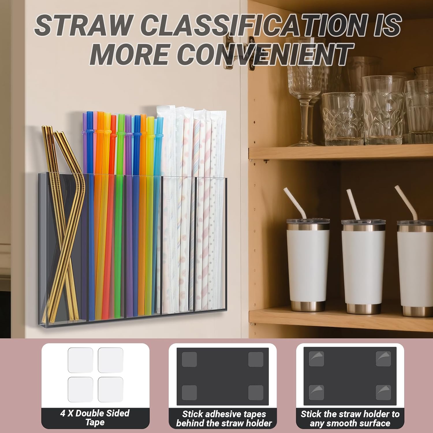 Acrylic Magnetic Straw Holder, Cabinet Straw Organizer with Double Sided Adhesive Tape, Tall Reusable Straw Storage Container, Drinking Straws Dispenser for Fridge, Cupboard Door, Kitchen (Clear) - Image 4