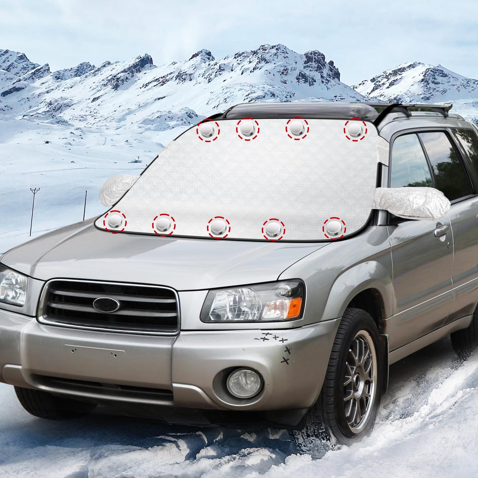 Car Windscreen Covers Frost - Ultra Thick Windshield Covers with 9 Built-in Magnets & Side Wing Mirror Cover, Dust Water Resistent Sun Ice Snow Magnetic Car Cover (146×109cm)