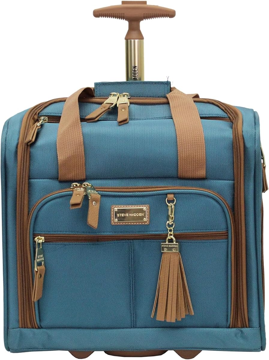 Steve Madden Designer Maleta de mano de 15 pulgadas - Equipaje pequeño para viajes de negocios durante la noche - Maleta ligera con 2 ruedas giratorias debajo del asiento para mujer (Harlo Teal Blue)