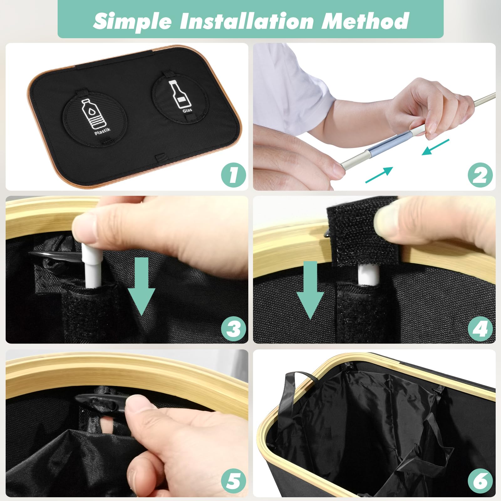 141L Collecteur de Bouteilles avec Couvercle, Poubelle Recyclage Perforé avec 2 Compartiments et 2 Sacs de Transport, Pliable, pour Trier Bouteilles Vides, Verre, Noir
