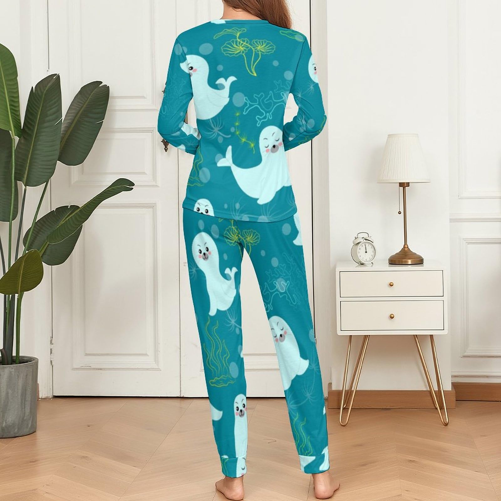 Damen-Pyjama-Set mit Rundhalsausschnitt, niedlicher Robbe-Pyjama, Damen-Pyjama mit Taschen