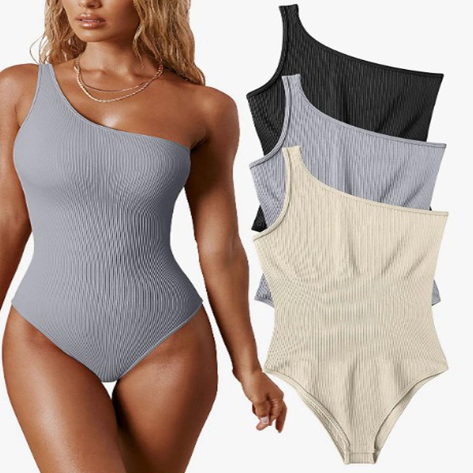 3-częściowe prążkowane body modelujące bez rękawów, letnie seksowne body modelujące na jedno ramię, bezszwowe body damskie