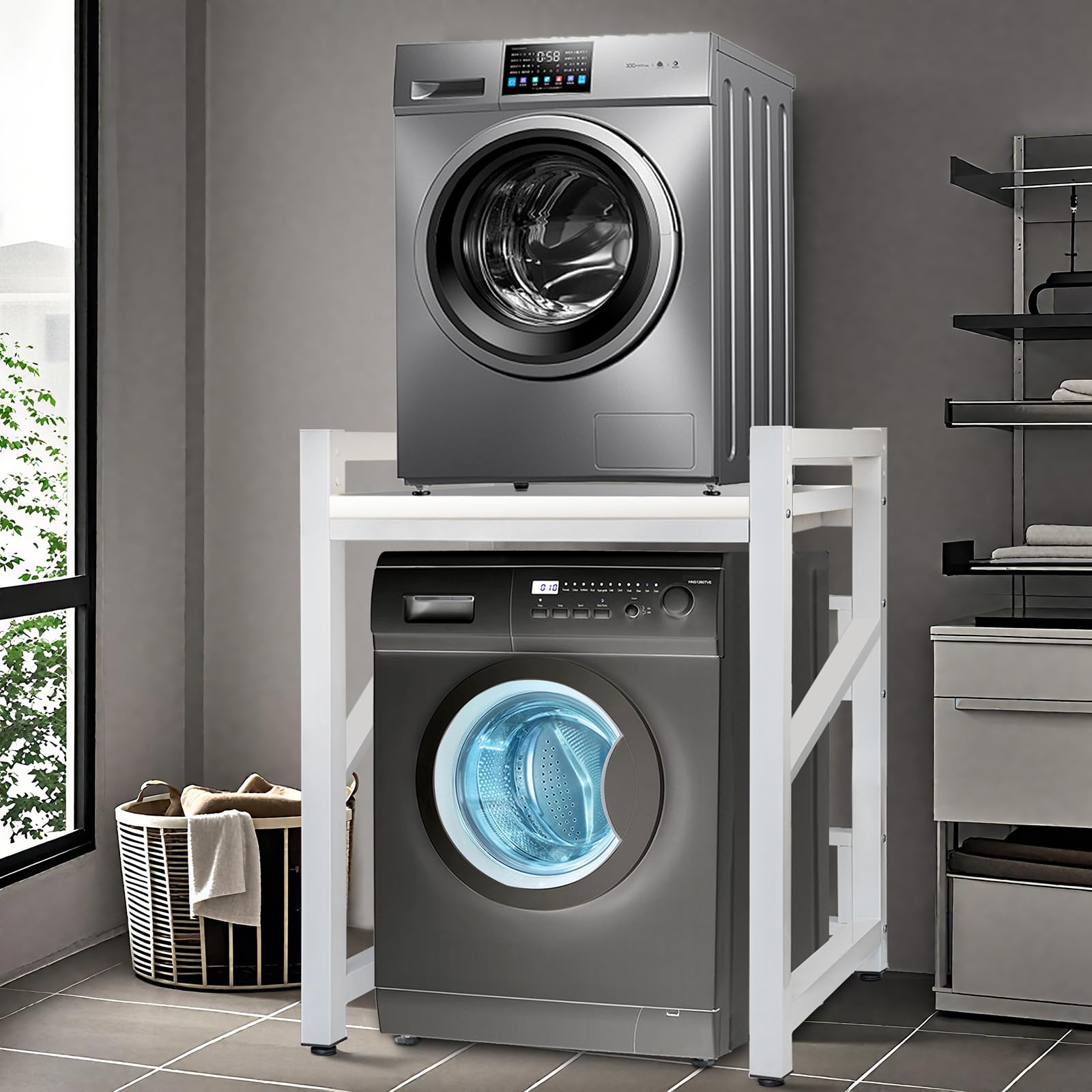JXZ Meuble Machine à Laver, Superposition Lave Linge Seche Linge, 3 Hauteurs Réglables, Capacité Charge 300kg pour Buanderie Salon Salle De Bain Cuisine Balcon(Blanc, Tableau Blanc)