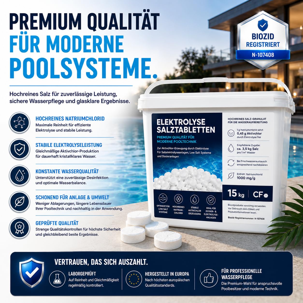 poolomio® Sel de piscine 15 kg - Tablettes de piscine de qualité supérieure pour installations d'électrolyse saline, systèmes Low Salt et systèmes de dosage automatique - Pour une production stable de