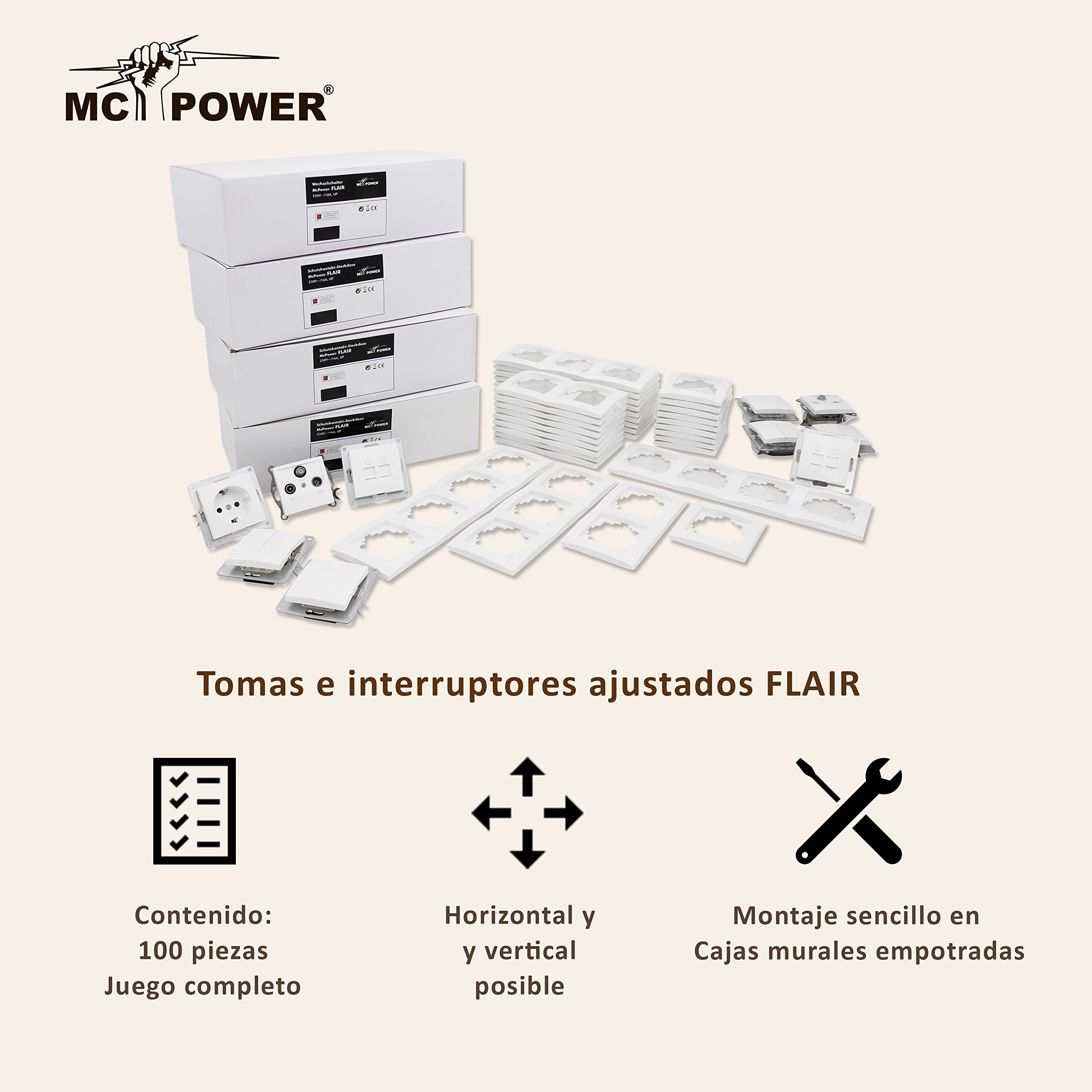 Juego de enchufes e interruptores de pared I FLAIR Megaset 100 piezas I Enchufes de empotrar, tomas de antena, interruptores de luz, tomas de red con marco en blanco mate