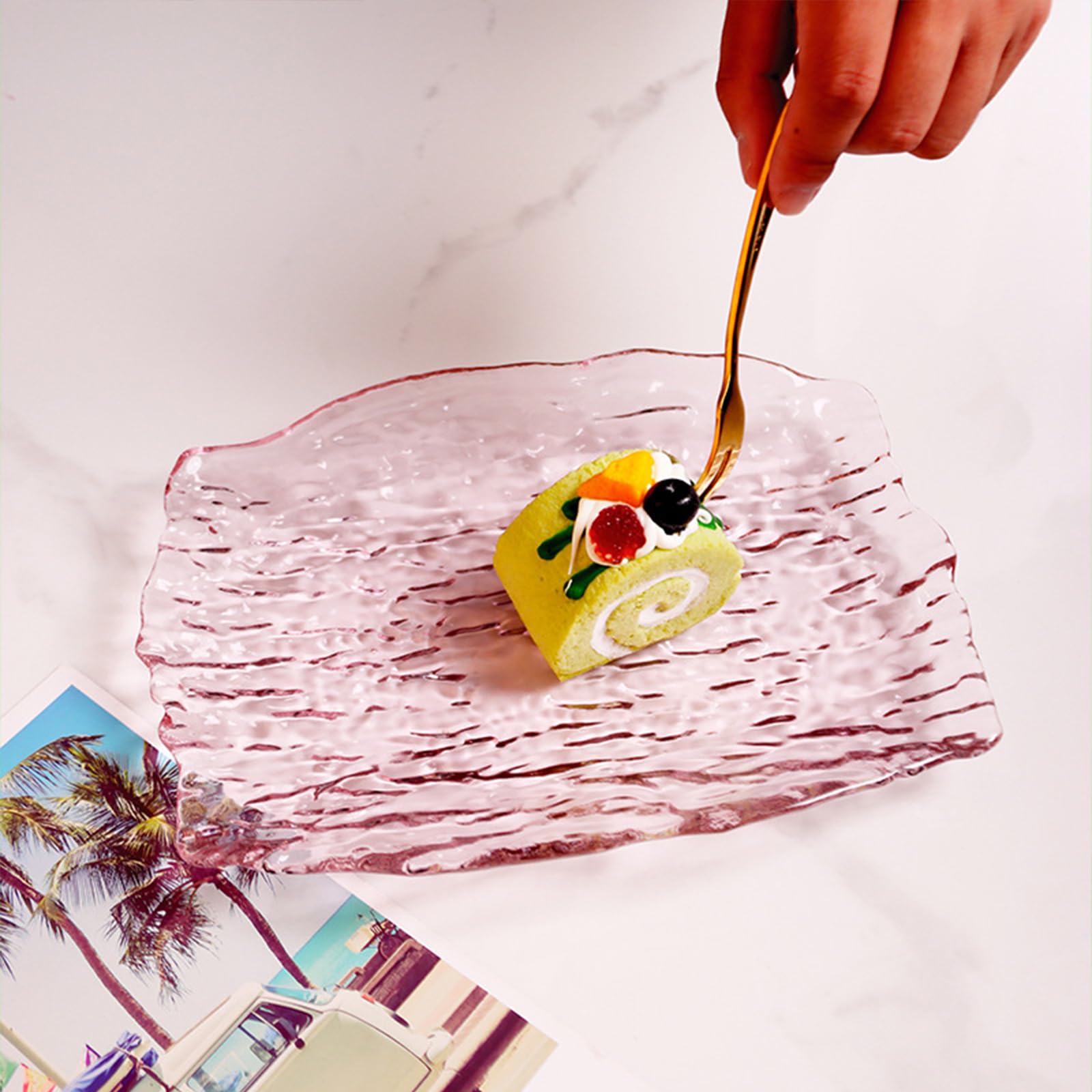 soulnioi Glass Square Fruit Plate, Crystal Clear Salad Plate, Gold Inlay Serving Plate - Image 3