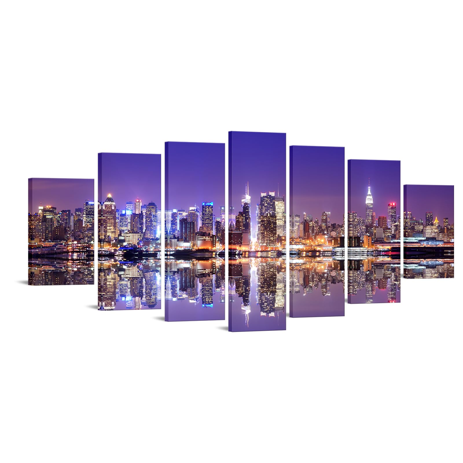 iKNOW FOTO XLarge Canvas Set of 7 Wall Art Panoramic view on Manhattan at Night, New York, USA Skyline Picture Prints Cityscape Painting Artwork for Modern Home Office Wall Decoration 70x32 Inches