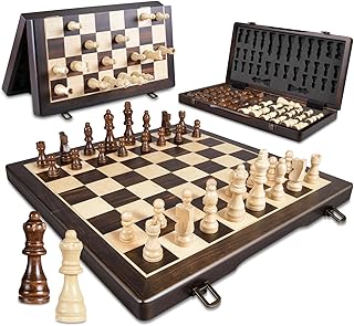 Magnetic Wooden Chess Set for Adults Kids,15" Folding Chess Board with Wood Texture 2 Extra Queens - Handmade Pieces Travel Board Games for Professional Beginner