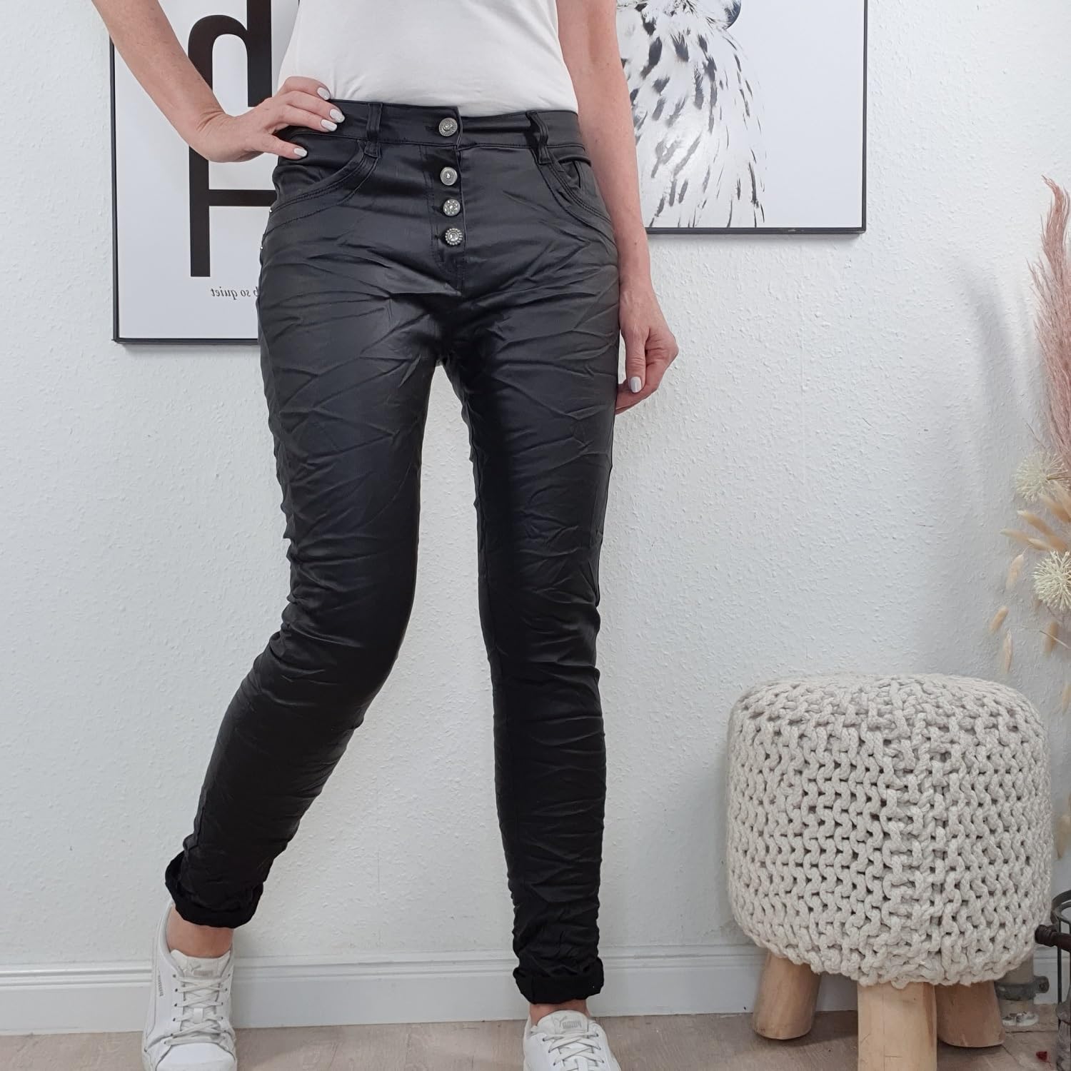 Jewelly Pantalon stretch en faux cuir pour femme - Coupe boyfriend - Avec boutonnière ouverte
