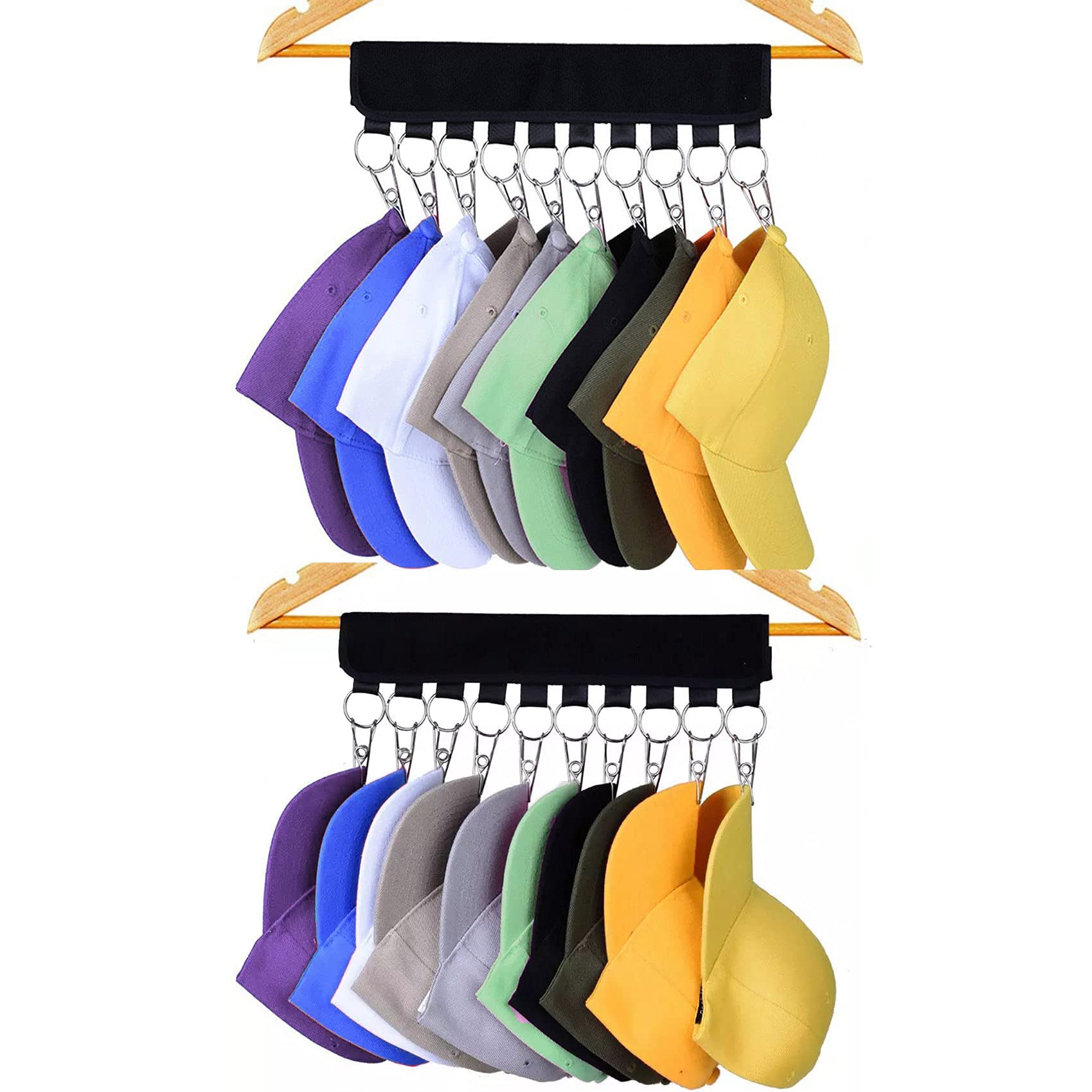 2Pack Baseball Cap Holder, Cap Holders for Closet, Cap Organizer Hanger with 10 Stainless Steel Clips for Hat Organize and Storage, Change Your Hanger to Cap Organizer Hanger