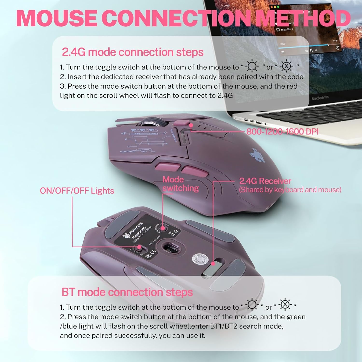 Juego de teclado y mouse inalámbricos para juegos, teclado mecánico + ratones 3D de 1600 DPI, batería de 2000 mAh, teclado retroiluminado RGB con 80 teclas, teclado para computadora o portátil (rosa