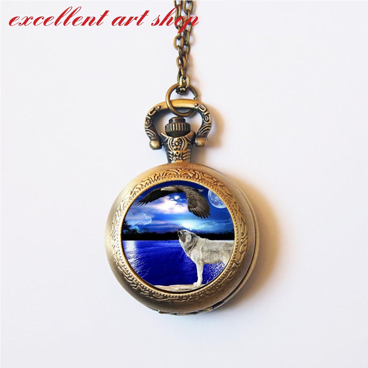 Amazon Howling Wolfポケット時計Moon Watch動物チェーンWatch Wolf Howling atイーグル