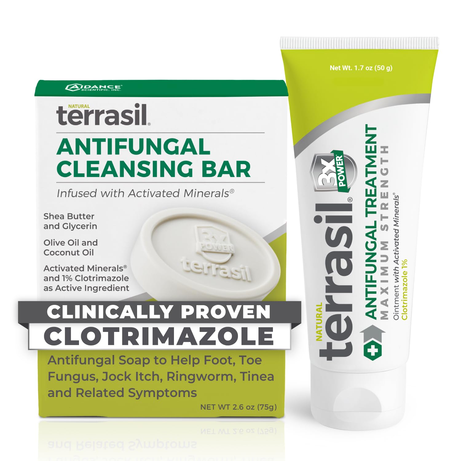 Terrasil Antifungal Cream + Antifungal Soap 2-Product Kit Clinically-Proven Clotrimazole Effective Treatment & Relief: Jock Itch Athletes Foot Fungal Yeast Infection Ringworm (50g tube & 75g bar)