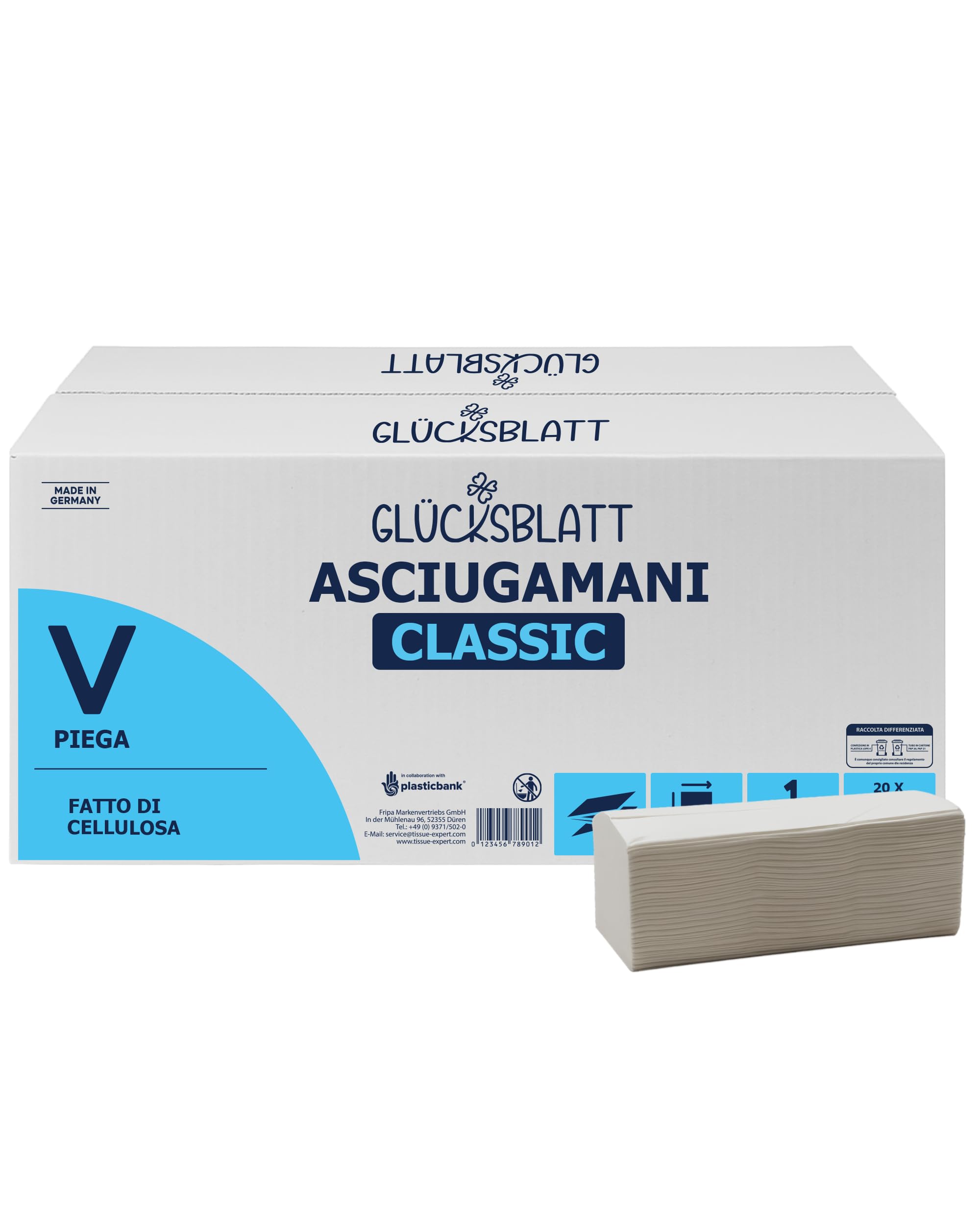 Glücksblatt Asciugamani di carta, 4800 fogli, 1 strato, 25 x 23 cm, piegati a V, in cellulosa, asciugamani di alta qualità, adatti per dispenser, carta asciugamani bianca, monouso
