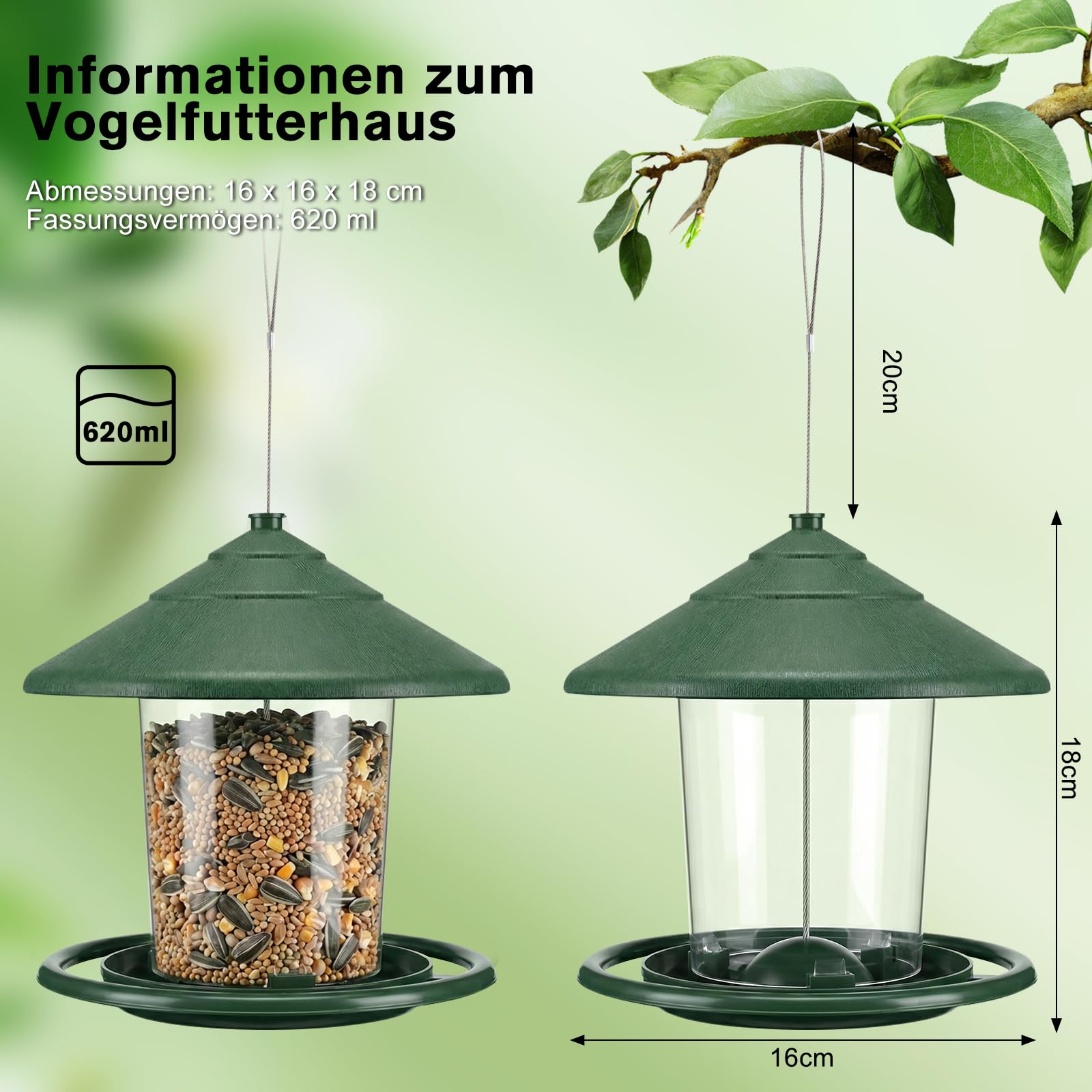 Vogelfutterhaus zum Aufhängen, Wildvogel Vogelfutterspender zum Aufhängen, Vogelfutterstation Vogelhaus zum Aufhängen Wetterfest, Kunststoff Futterhaus für Vögel Geignet für Balkon Garten - 3