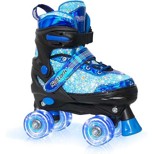 Nattork Kids Roller Skates for Girls Boys Kids, 4 Sizes Adjustable Fluorescent Quad Skates with Light up Wheels & Safety Protection - Cool Birthday Gift for Indoor Outdoor Sports