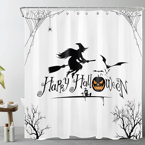HVEST Cortina de ducha con diseño de bruja mágica, escoba de araña, calabaza, murciélago, cortinas de ducha de tela de Halloween, juego de cortinas