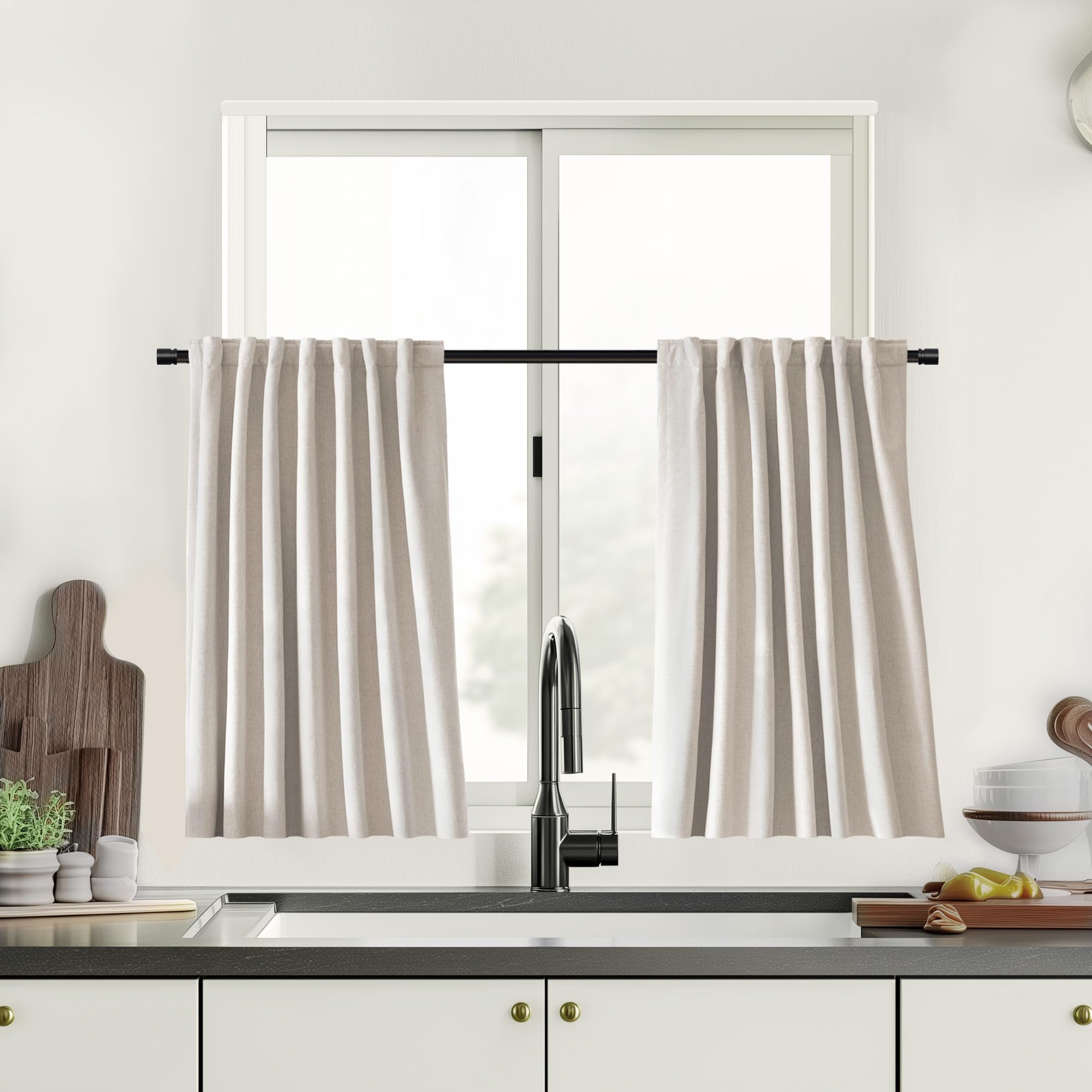 UHITECH Ivory Black Out Linen Curtains for Bedroom Small Windows 35 Inch Curtains Thermal Insulated 100% Panels Set of 2 Back Tab Pocket Living Room