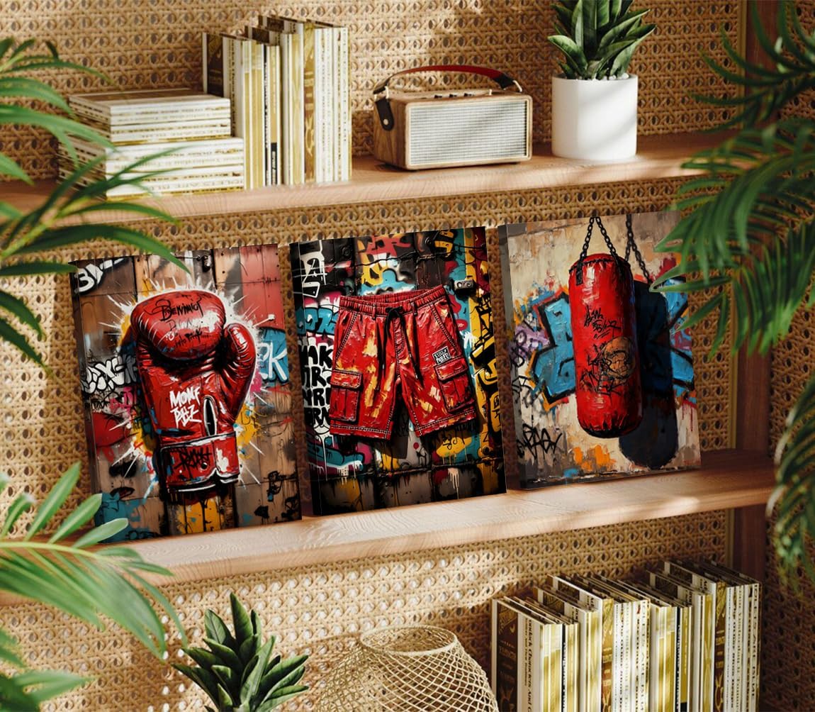 Boxing Graffiti Wall Art Prints,Retro Boxing Gloves,Punching Bag,Boxing Shorts Canvas Prints,Framed Sport Wall Decor Street Art Poster for Man Cave Boys Room Office Decor Set of 3 (12"x16"