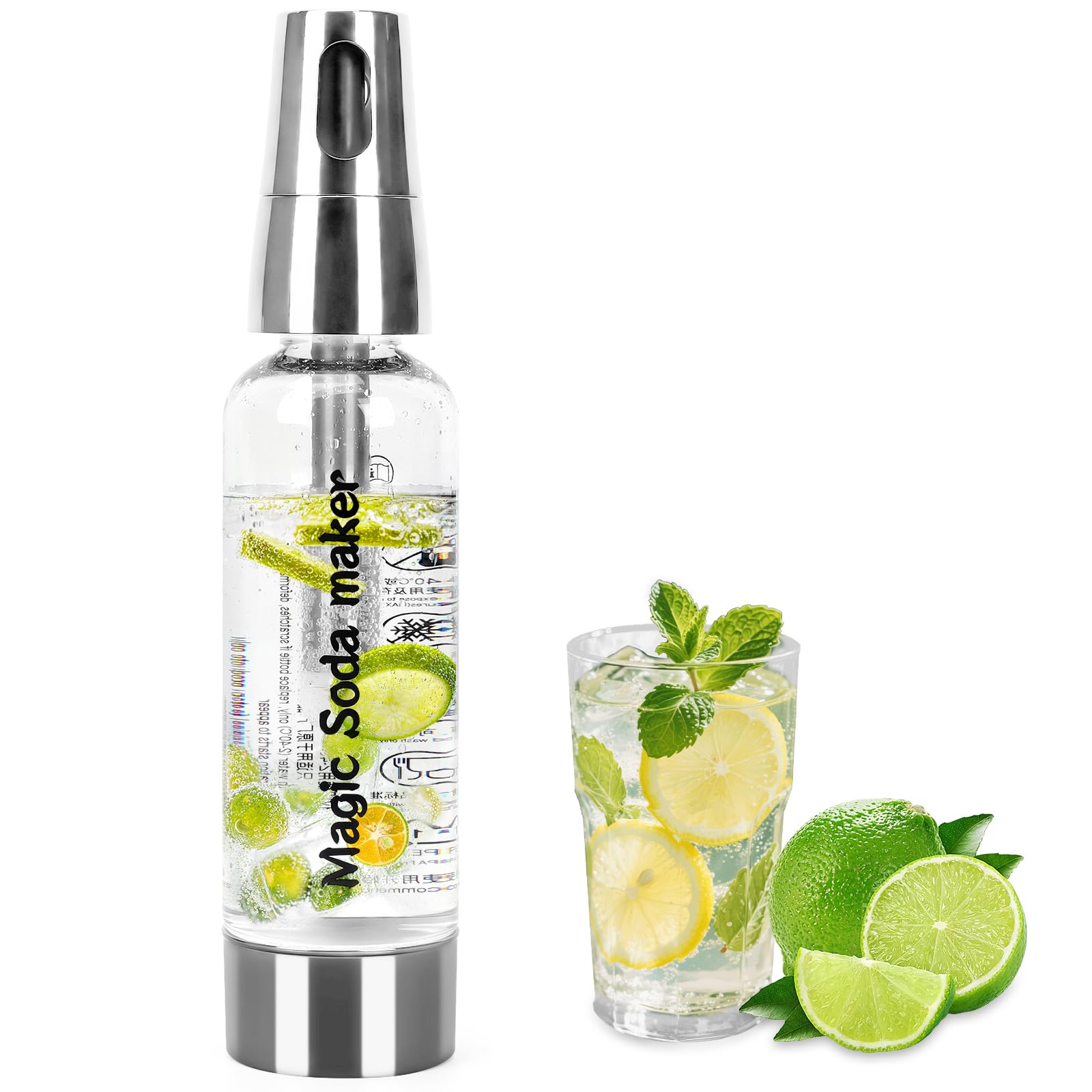 Kit di sifone per soda da 1 litro, macchina per acqua frizzante portatile in PET a doppio uso e bottiglia per bevande/succhi/cocktail, per casa/banco bar/picnic (argento) AstraLoom