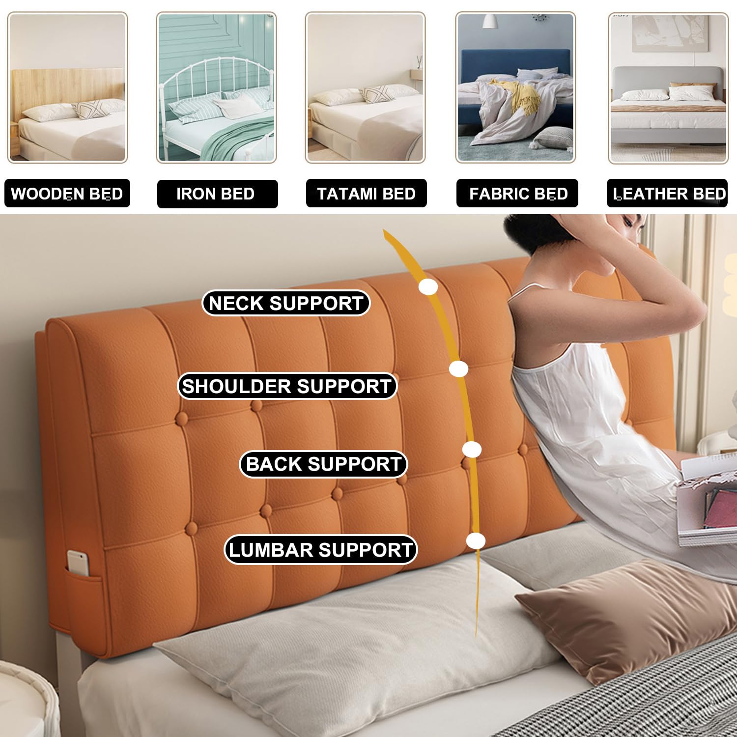 Cabecero tapizado de piel sintética para dormitorio, litera, respaldo grande de apoyo lumbar naranja con funda extraíble (47 x 23 x 4 pulgadas)