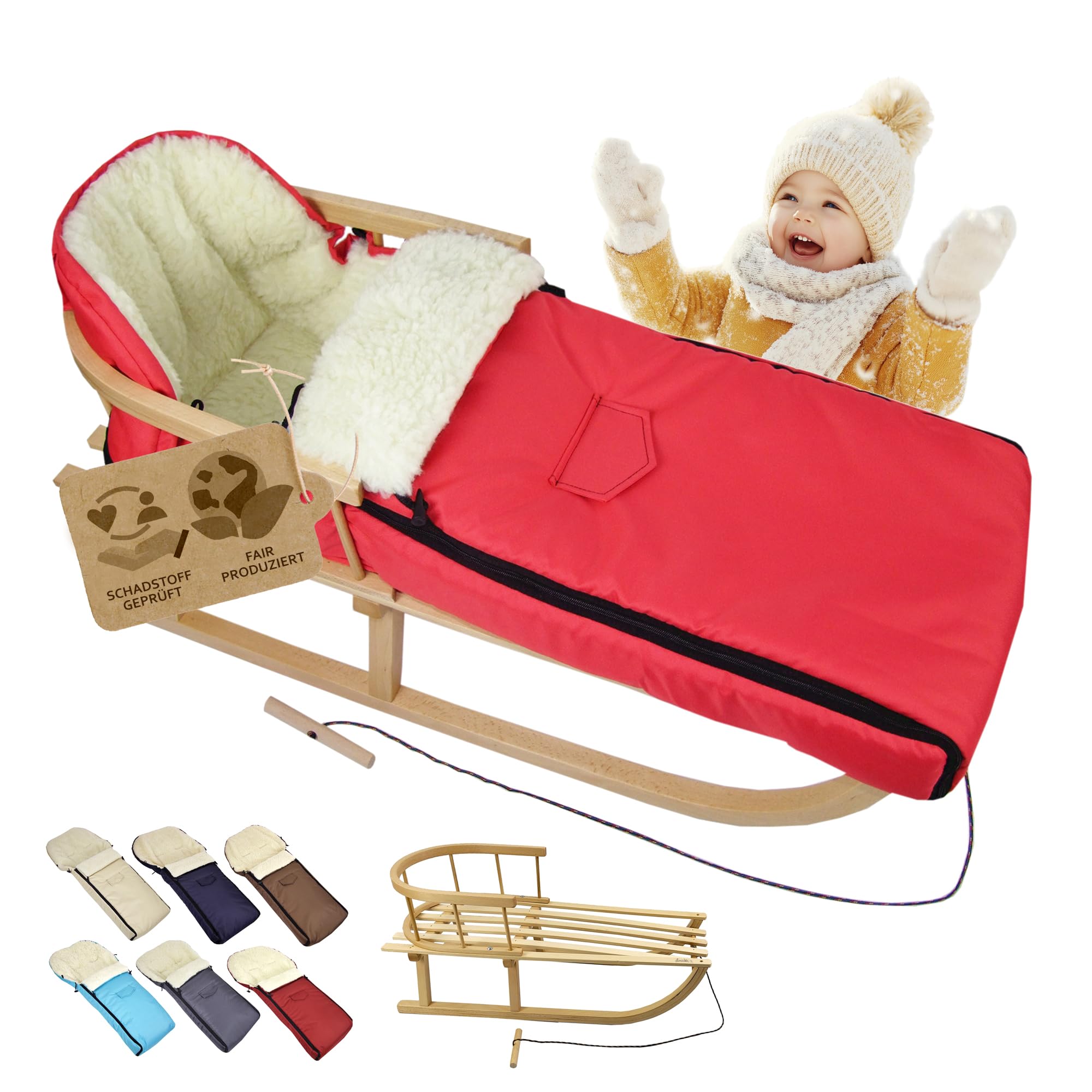 Oferta kombi drewniane sanki z oparciem i linką do ciągnięcia + uniwersalny śpiwór zimowy (108 cm), nadaje się również do fotelika dziecięcego, wózka dziecięcego, wózka spacerowego, z wełny Uni
