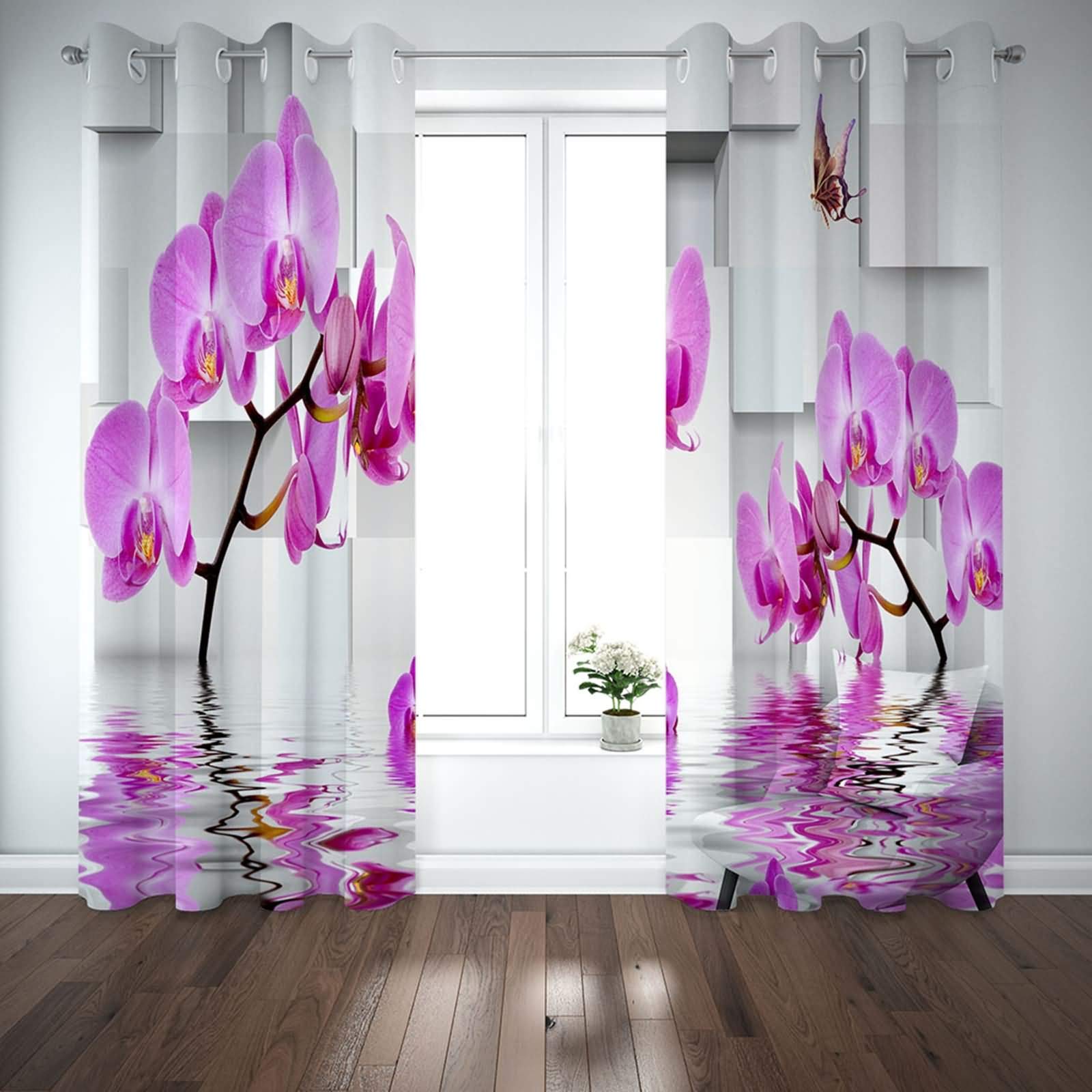Zasłony zaciemniające, nieprzejrzyste, zestaw 2 sztuk, orchidea, zasłony z oczkami, poliester 214 x 214 cm
