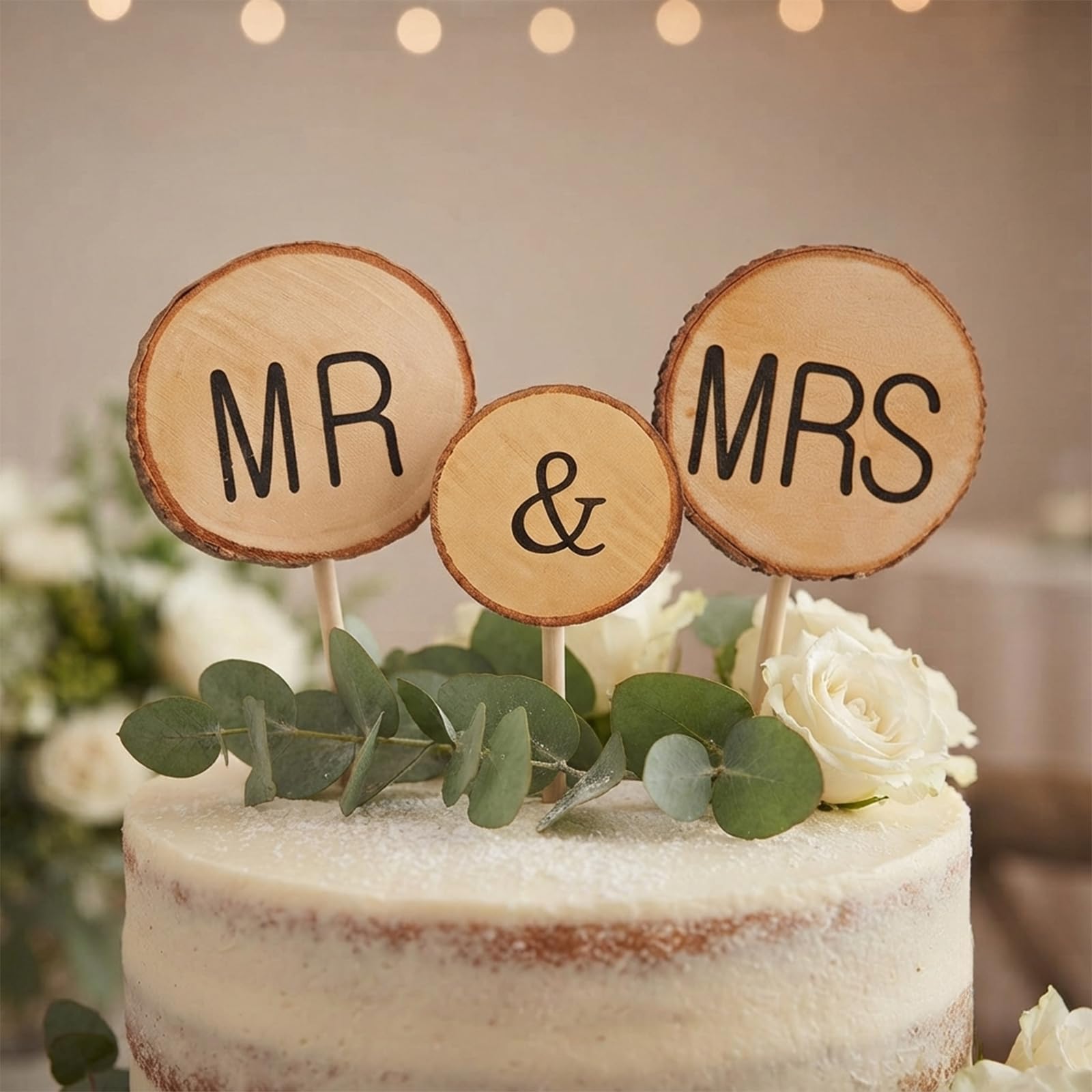 3P Natural Wooden Mr & Mrs Round Cake Topper for Wedding