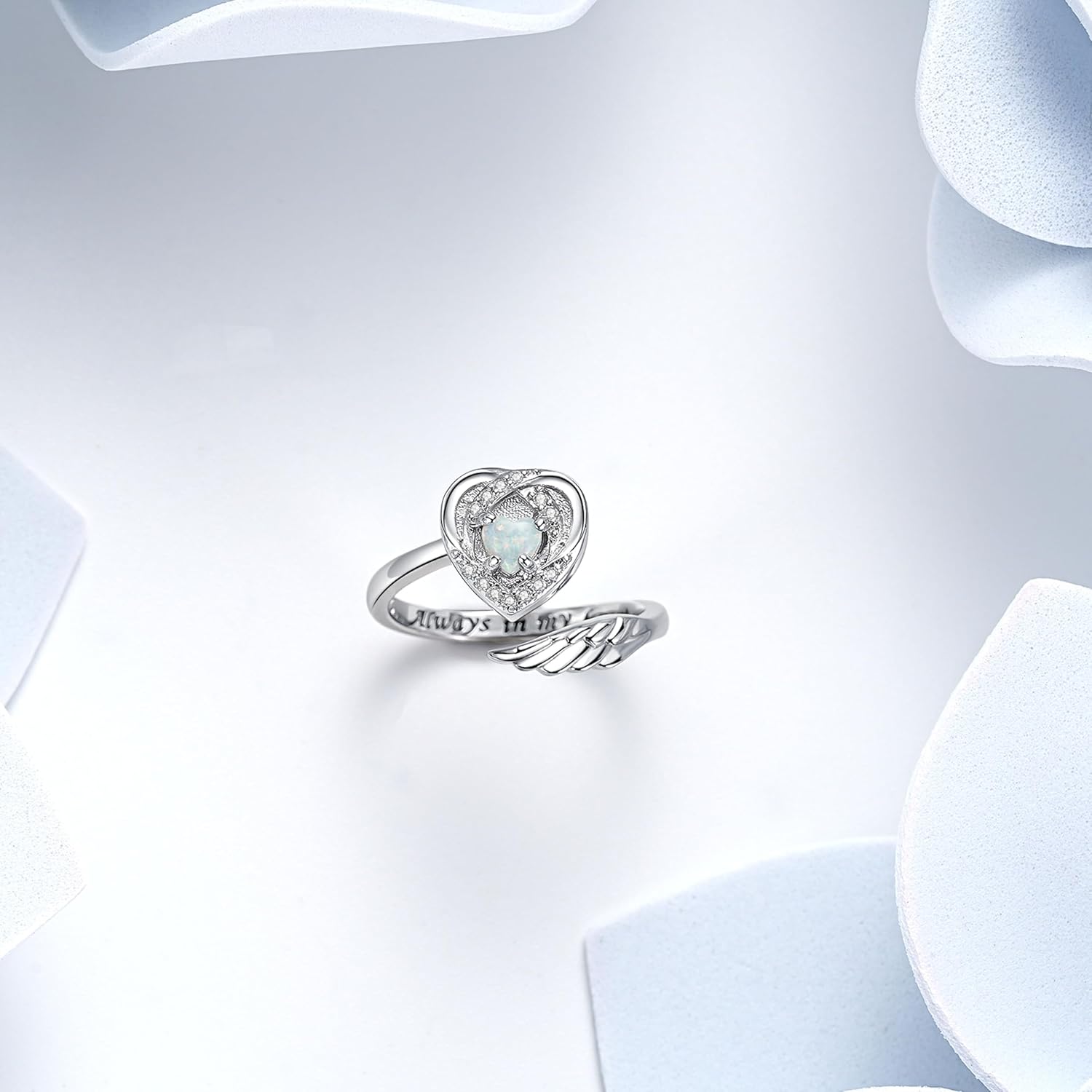 Sterling Silver Urn Rings for Ashes for Women: Angel Wing Opal Cremation Jewelry Rings for Ashes of Loved Ones - Cat Dog Memorial Keepsake Open Adjustable Ring Jewelry for Women